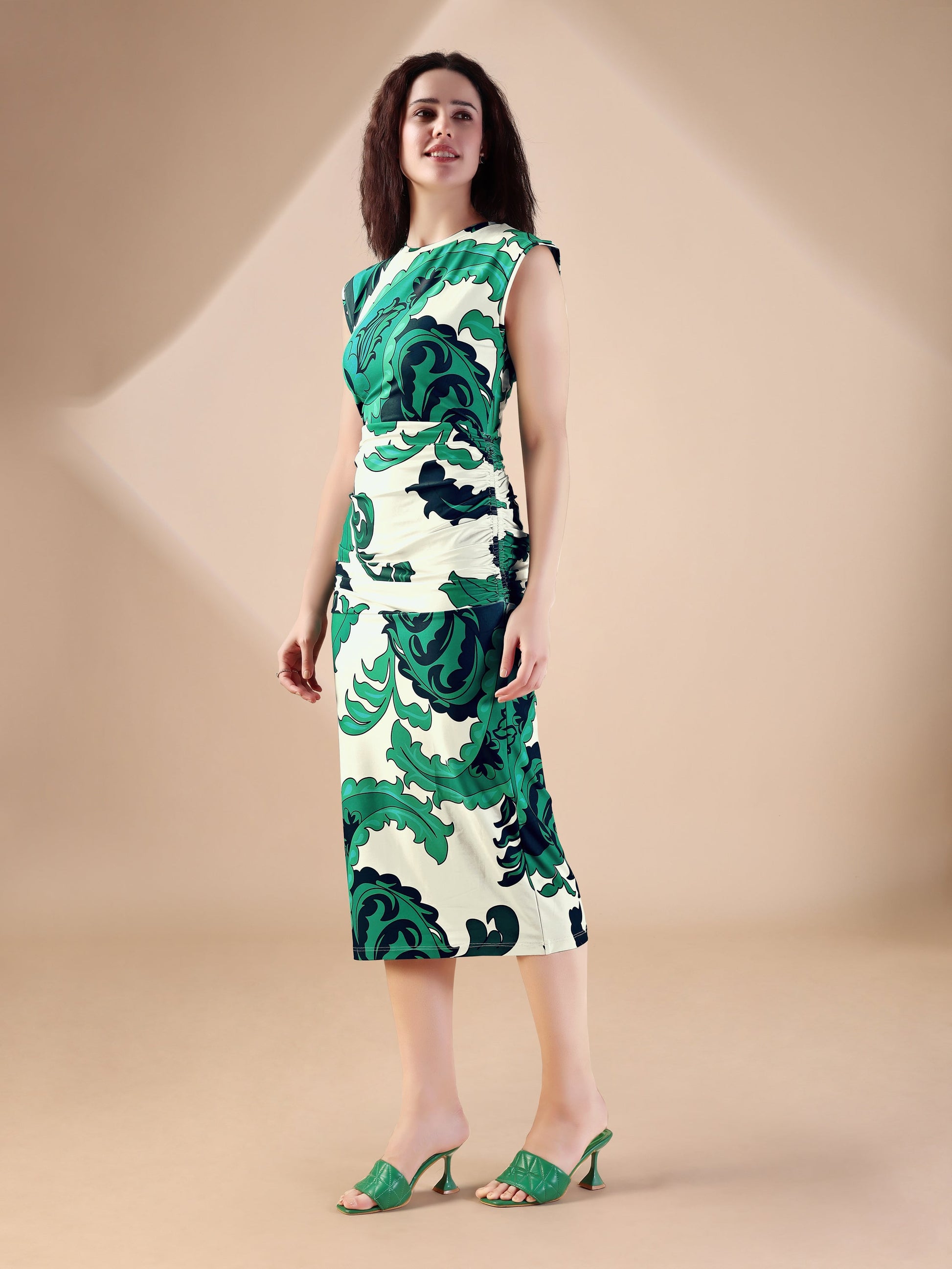 Women's Green Printed Midi  Sleeveless Dress
