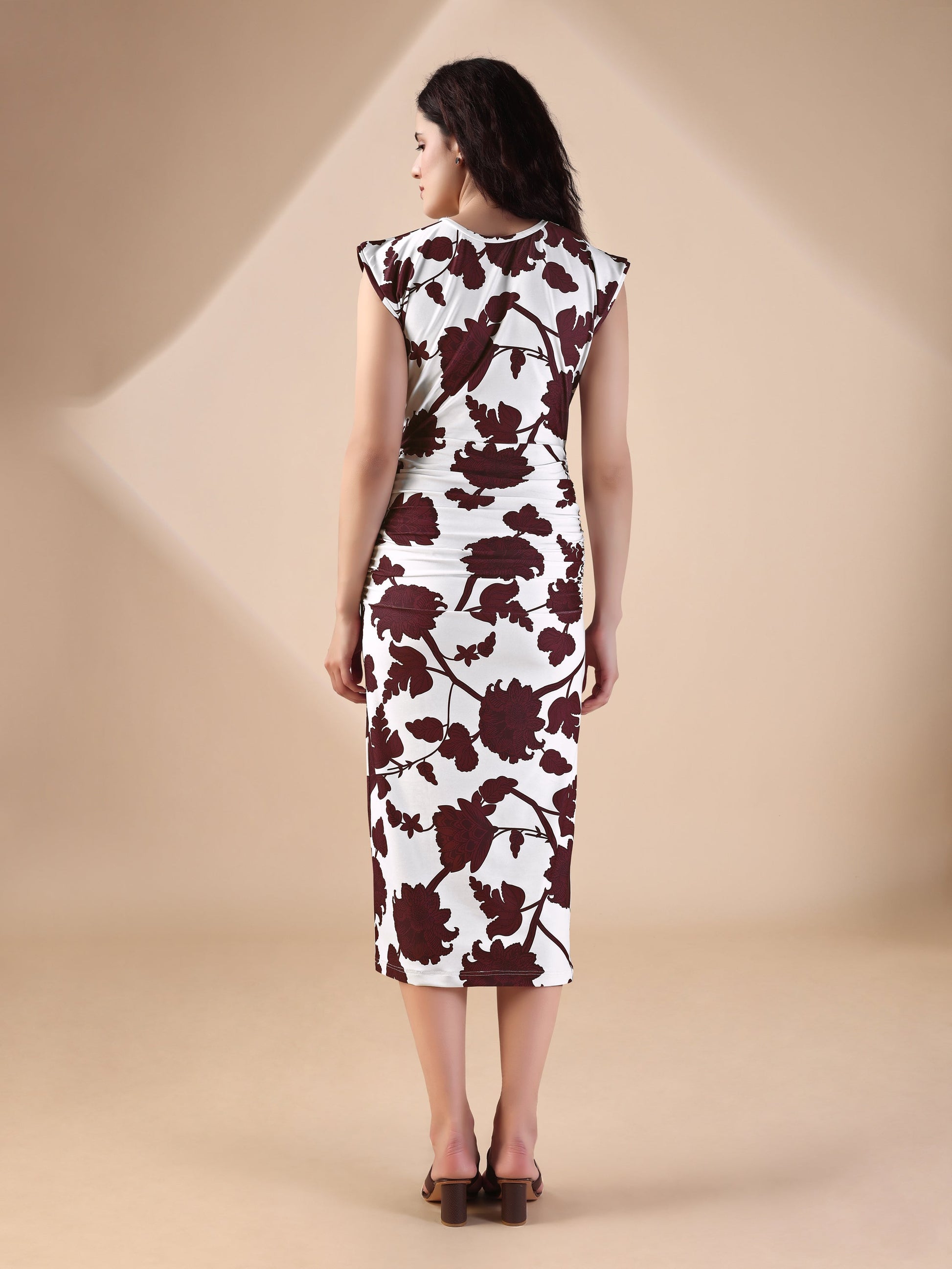 Women's Brown Printed Midi Sleeveless Dress