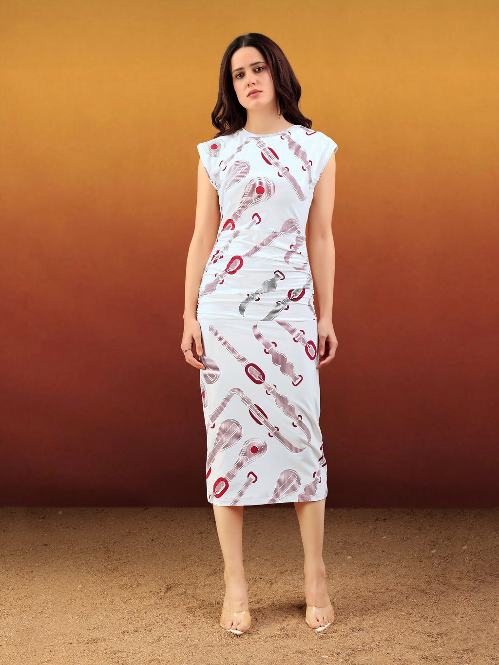 Women's White Printed Midi Sleeveless Dress