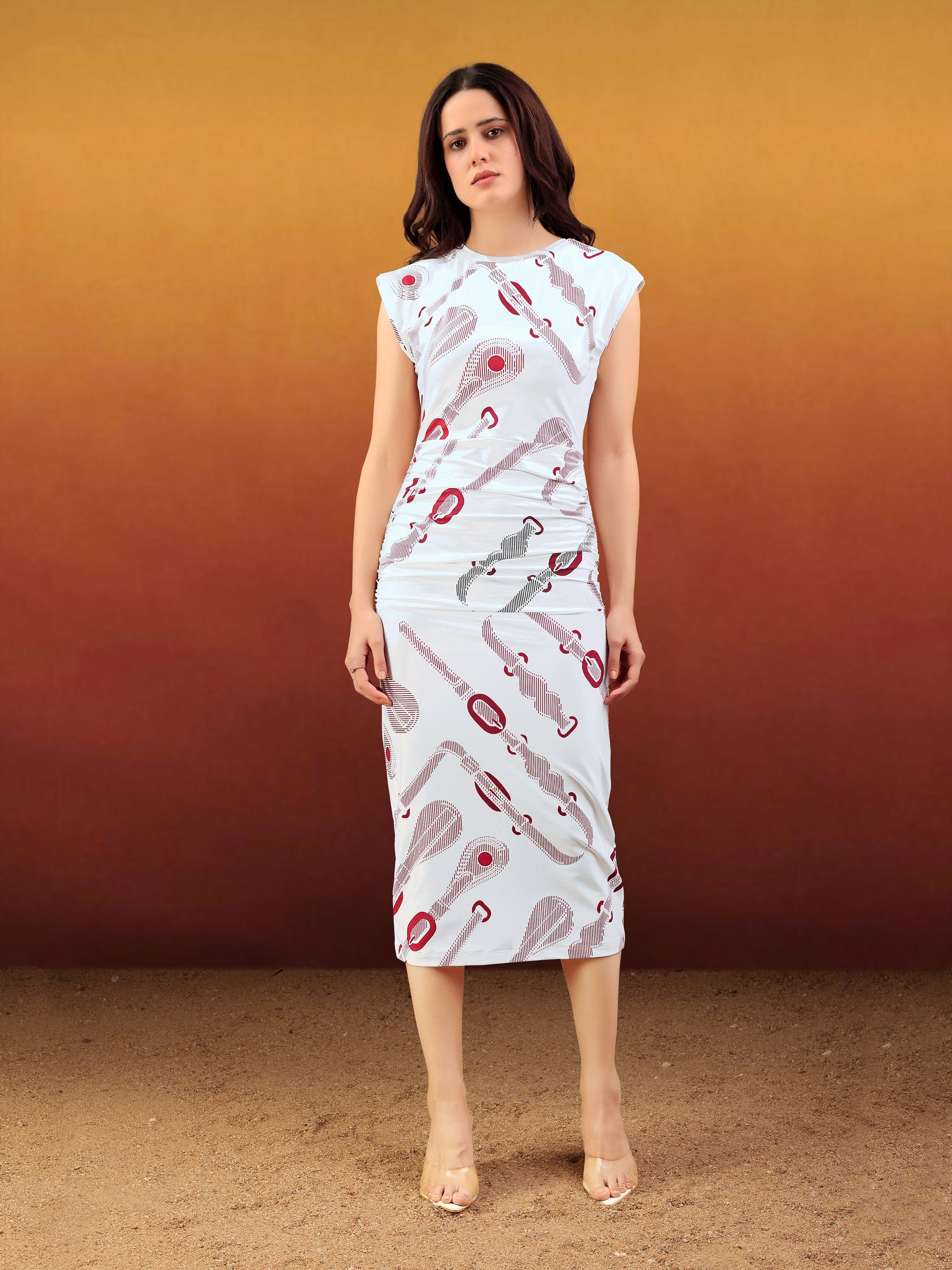 Women's White Printed Midi Sleeveless Dress