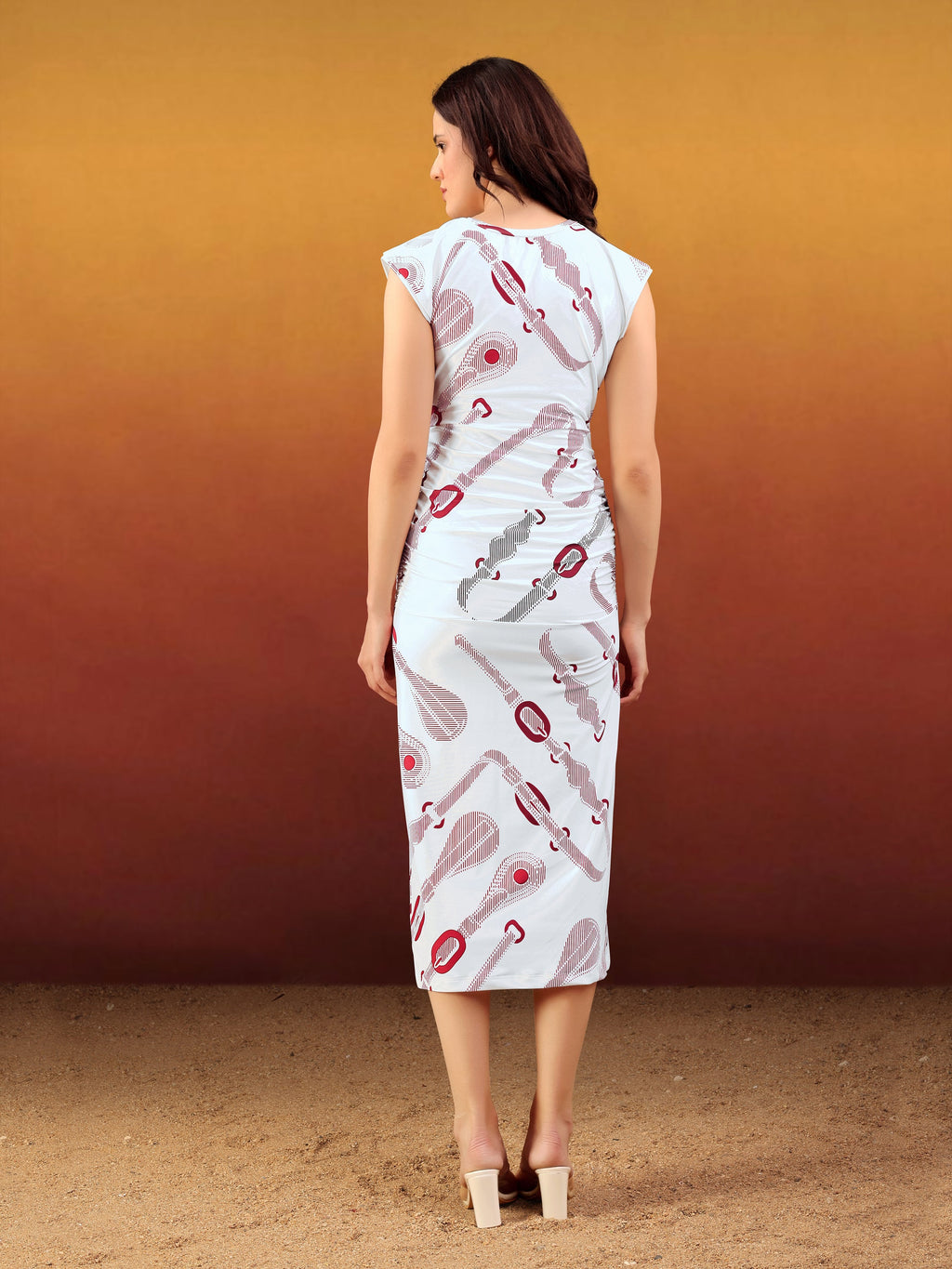 Women's White Printed Midi Sleeveless Dress