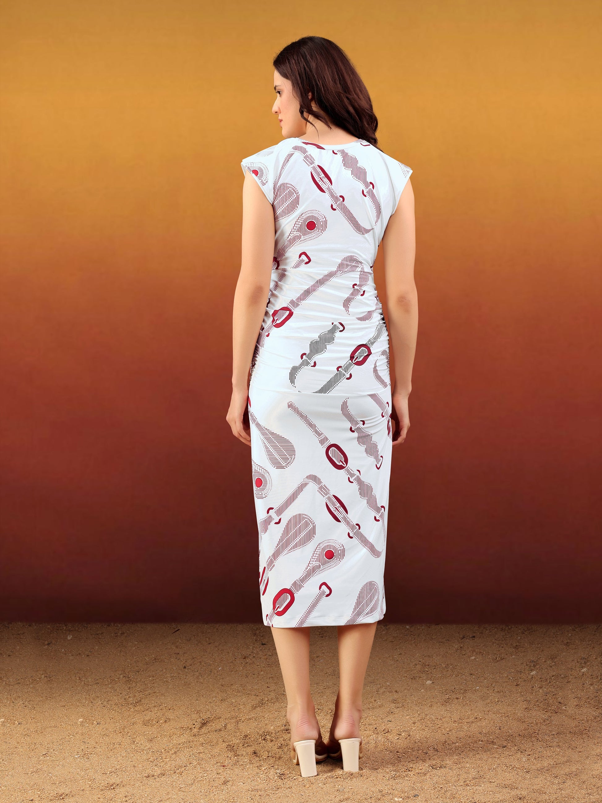 Women's White Printed Midi Sleeveless Dress