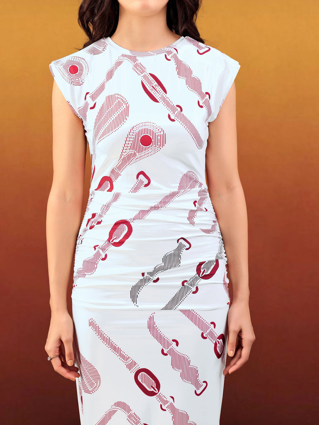 Women's White Printed Midi Sleeveless Dress