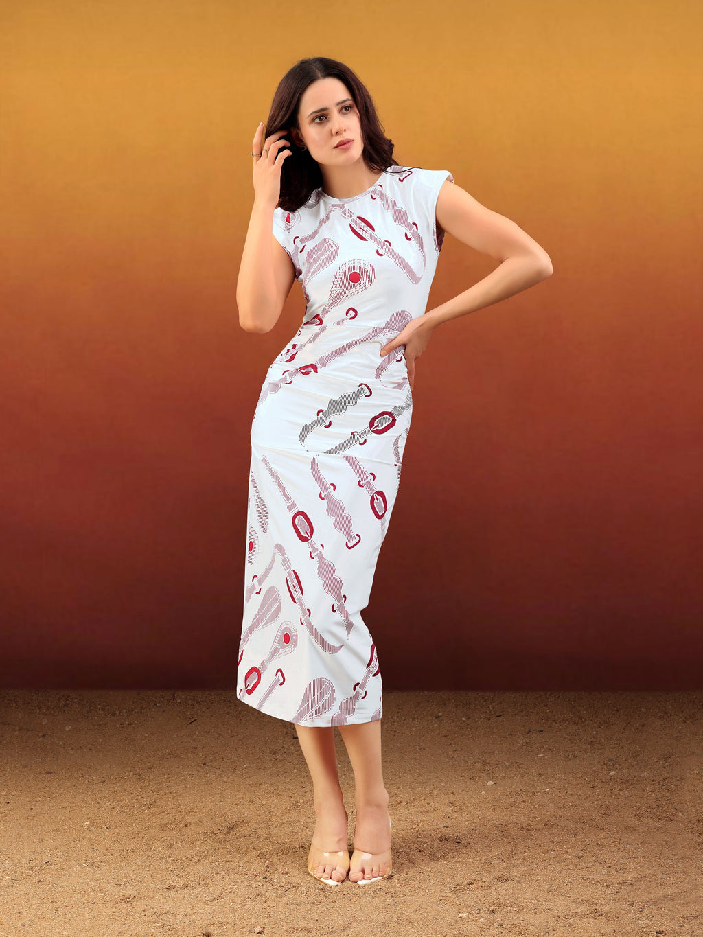 Women's White Printed Midi Sleeveless Dress