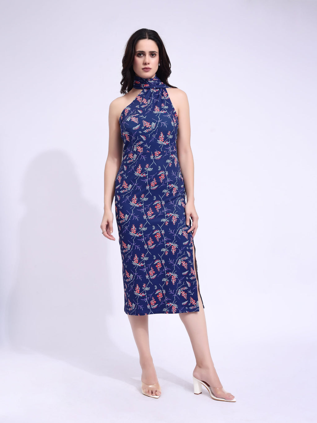Women's Blue Printed Bodycon Midi Sleeveless Dress