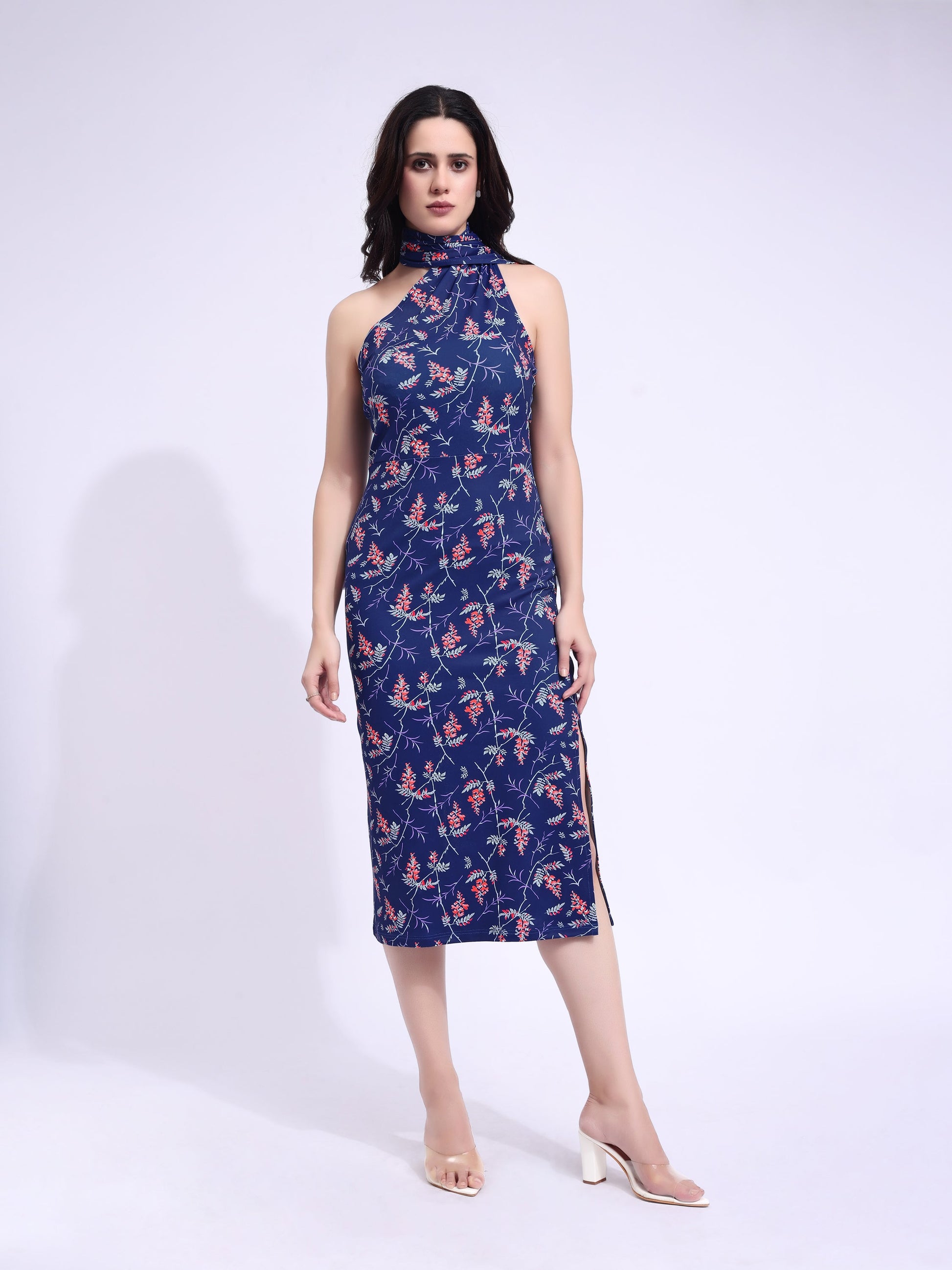 Women's Blue Printed Bodycon Midi Sleeveless Dress