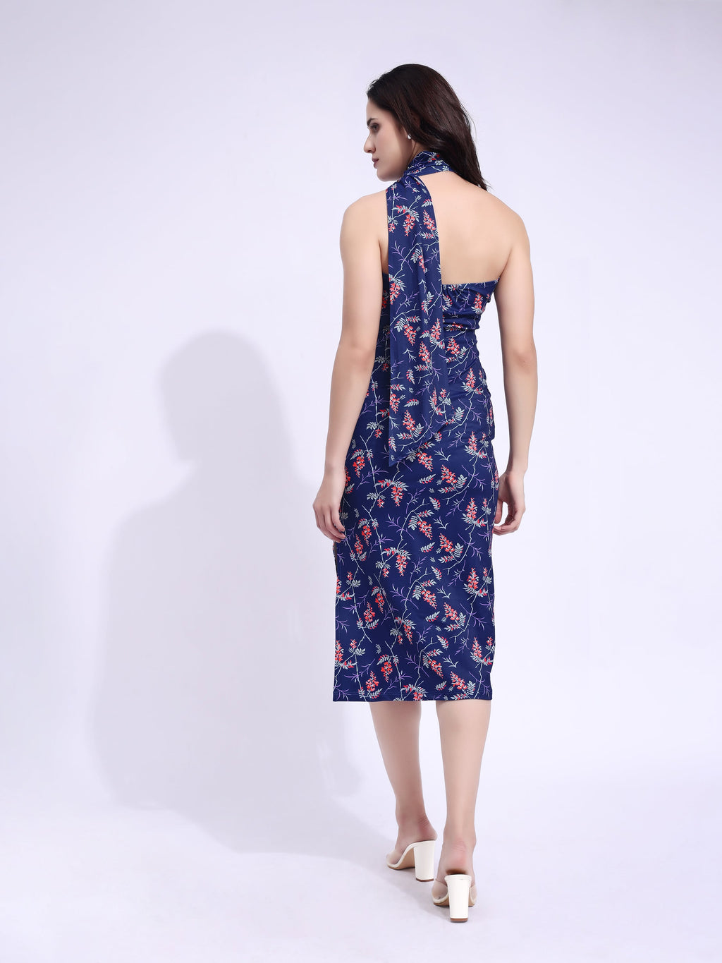 Women's Blue Printed Bodycon Midi Sleeveless Dress