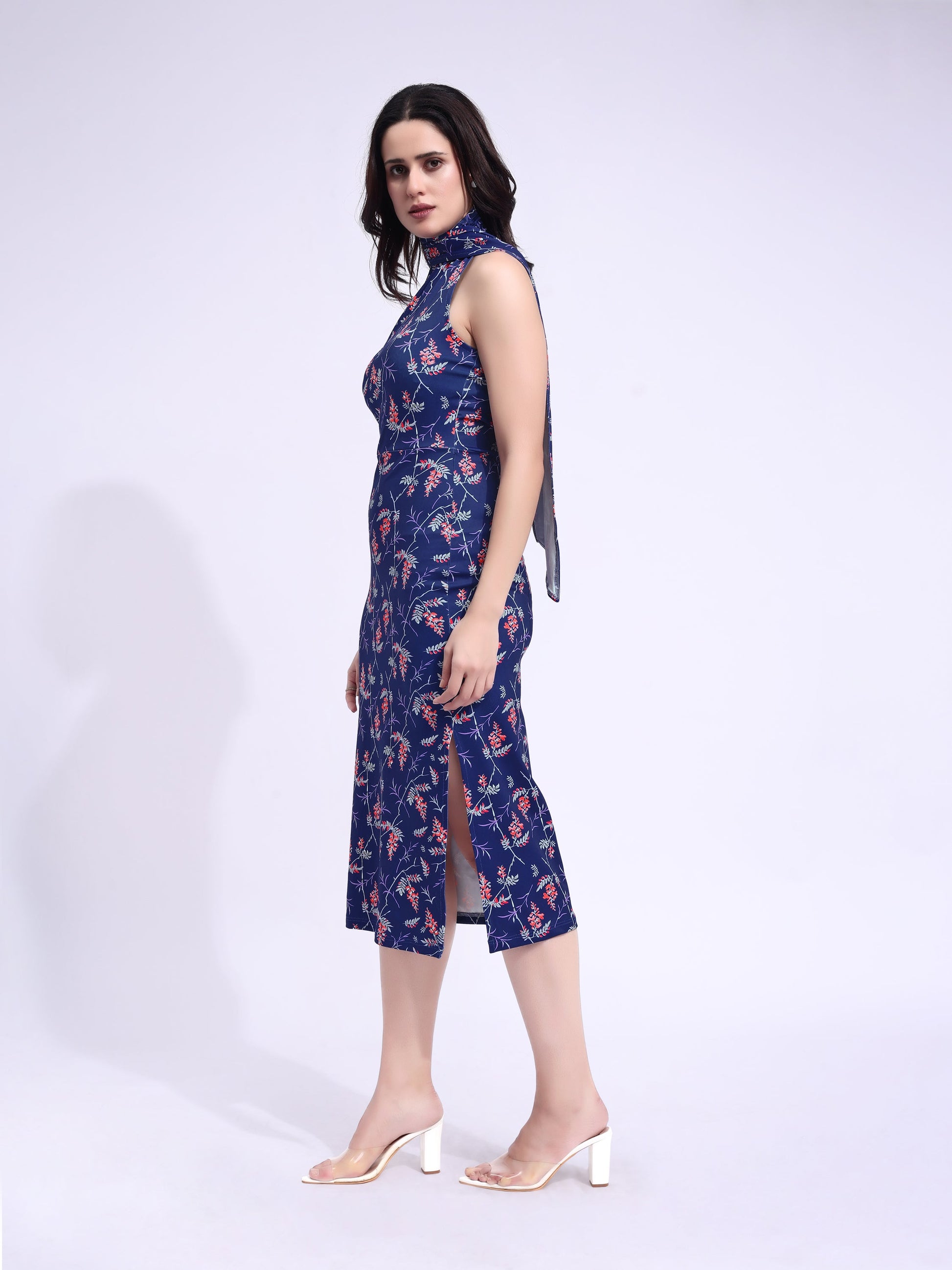 Women's Blue Printed Bodycon Midi Sleeveless Dress