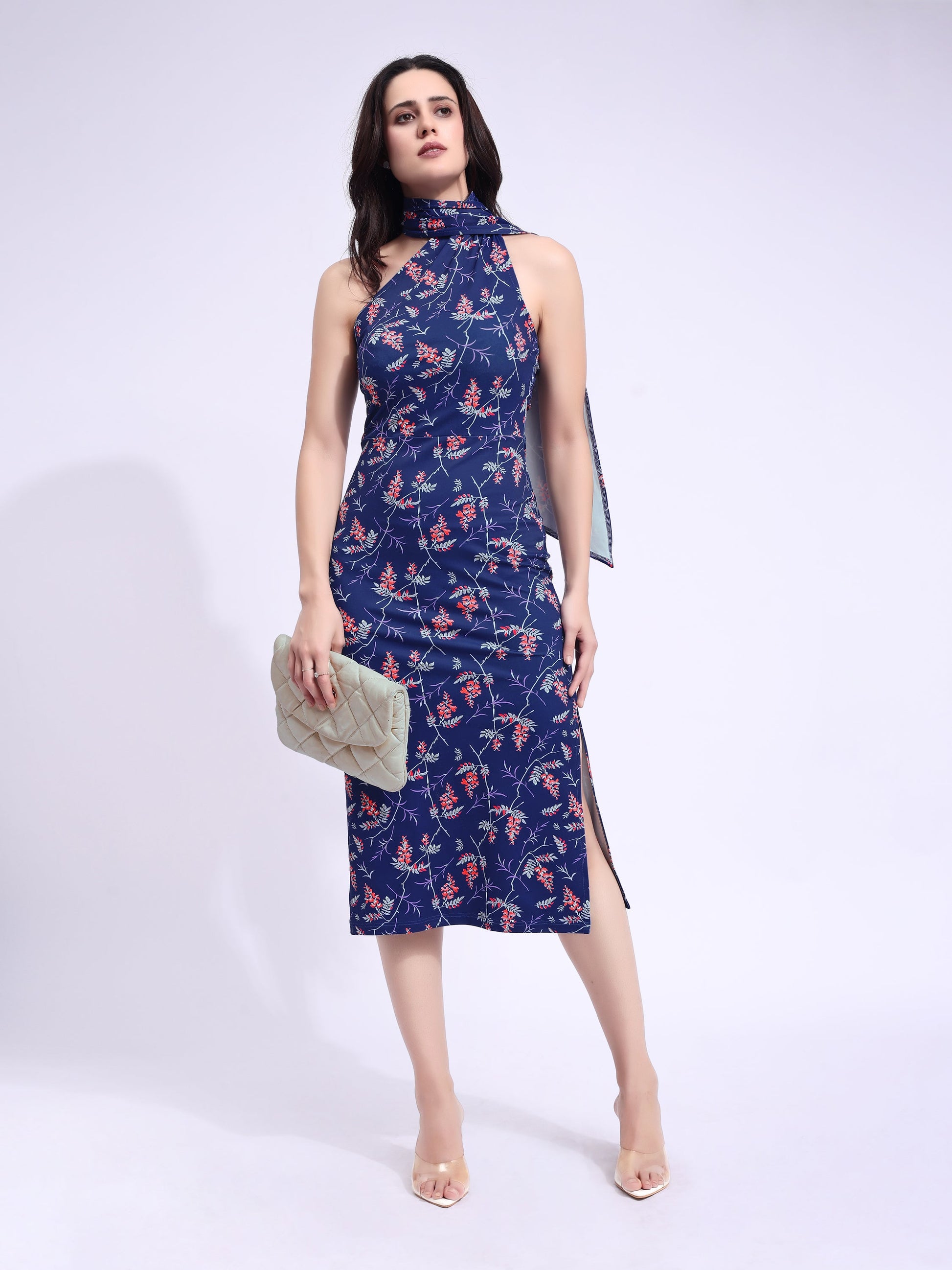 Women's Blue Printed Bodycon Midi Sleeveless Dress