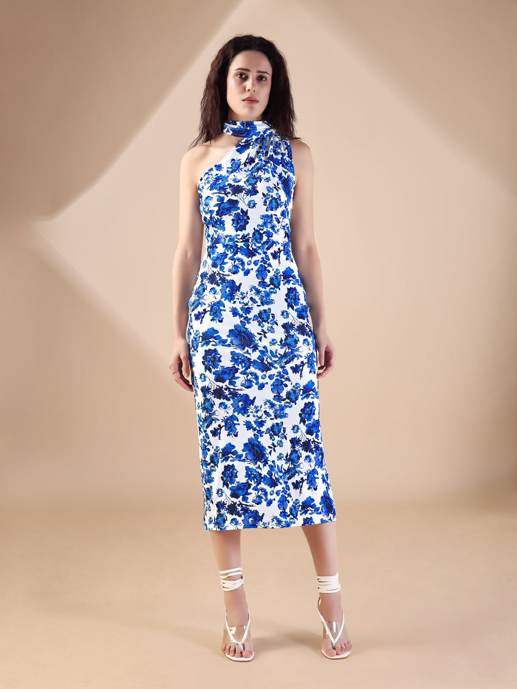 Women's Blue Printed Midi Sleeveless Dress