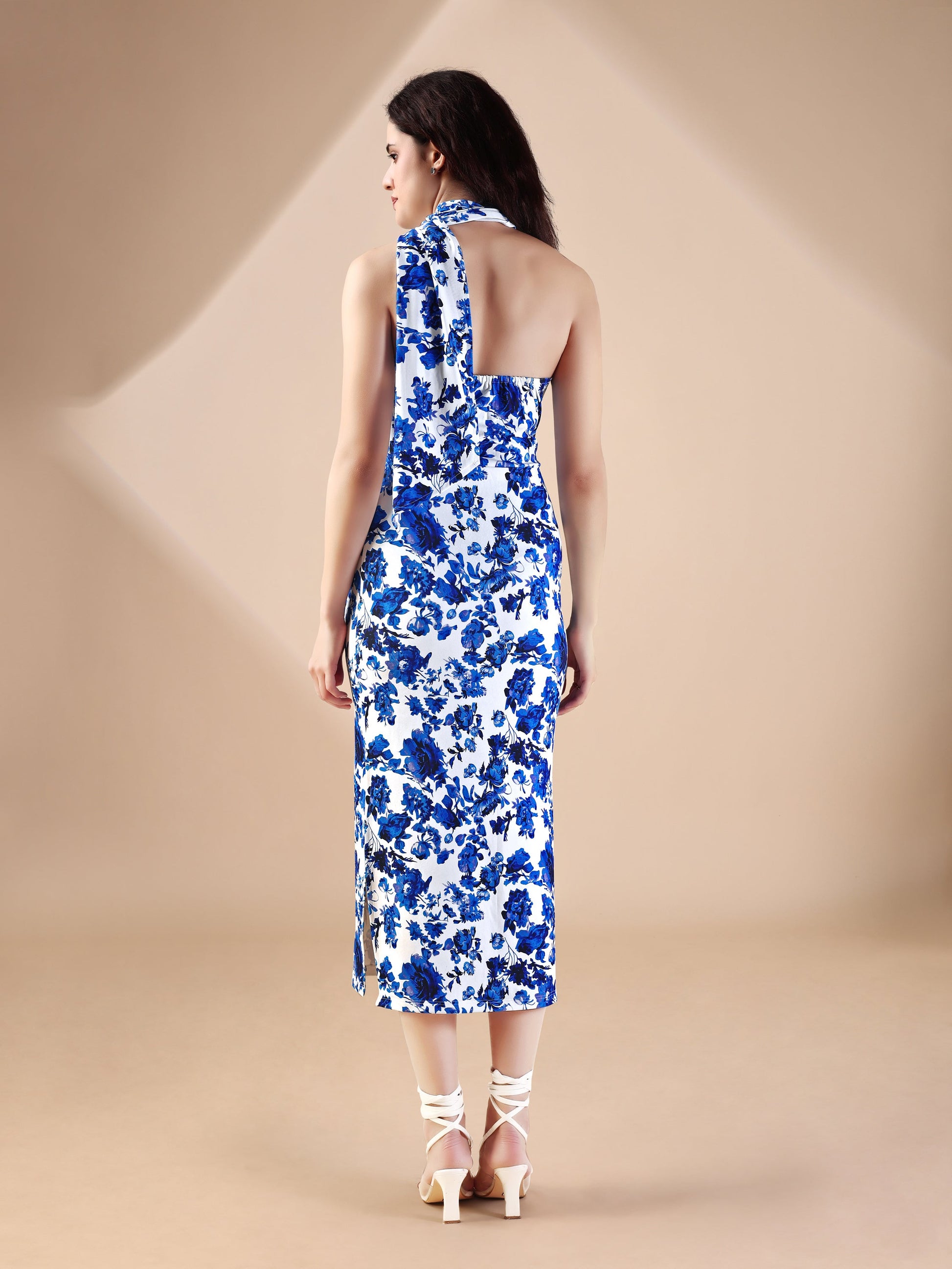 Women's Blue Printed Midi Sleeveless Dress