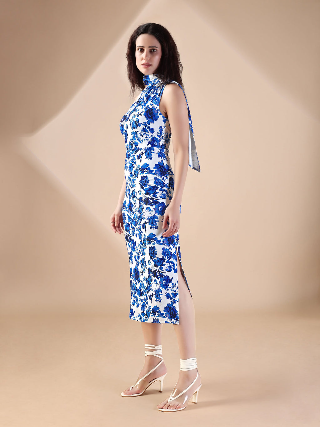 Women's Blue Printed Midi Sleeveless Dress