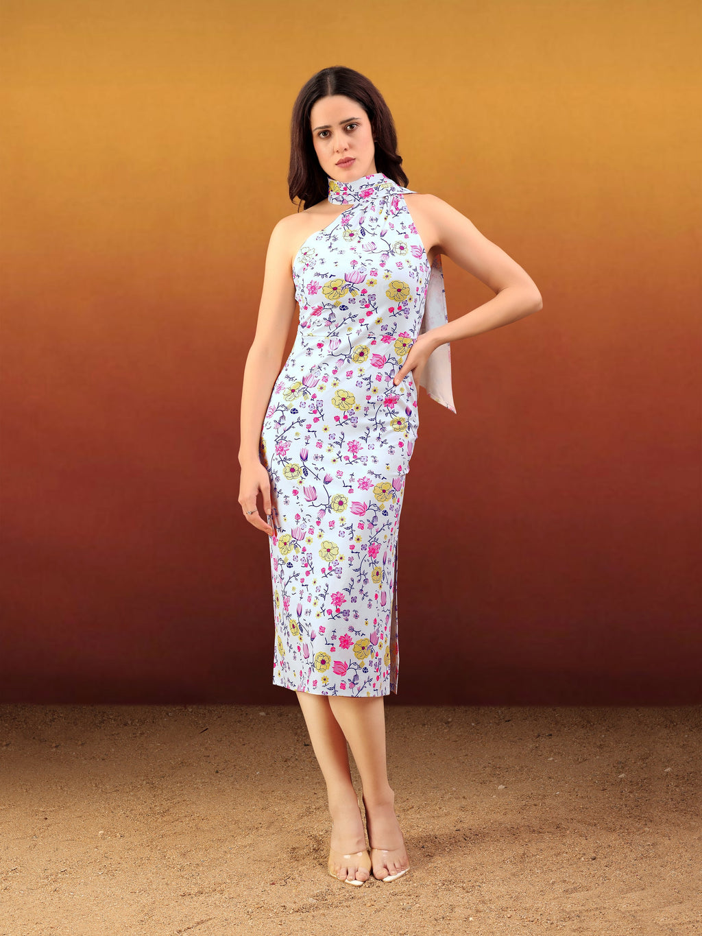 Women's White Printed Midi Sleeveless Dress