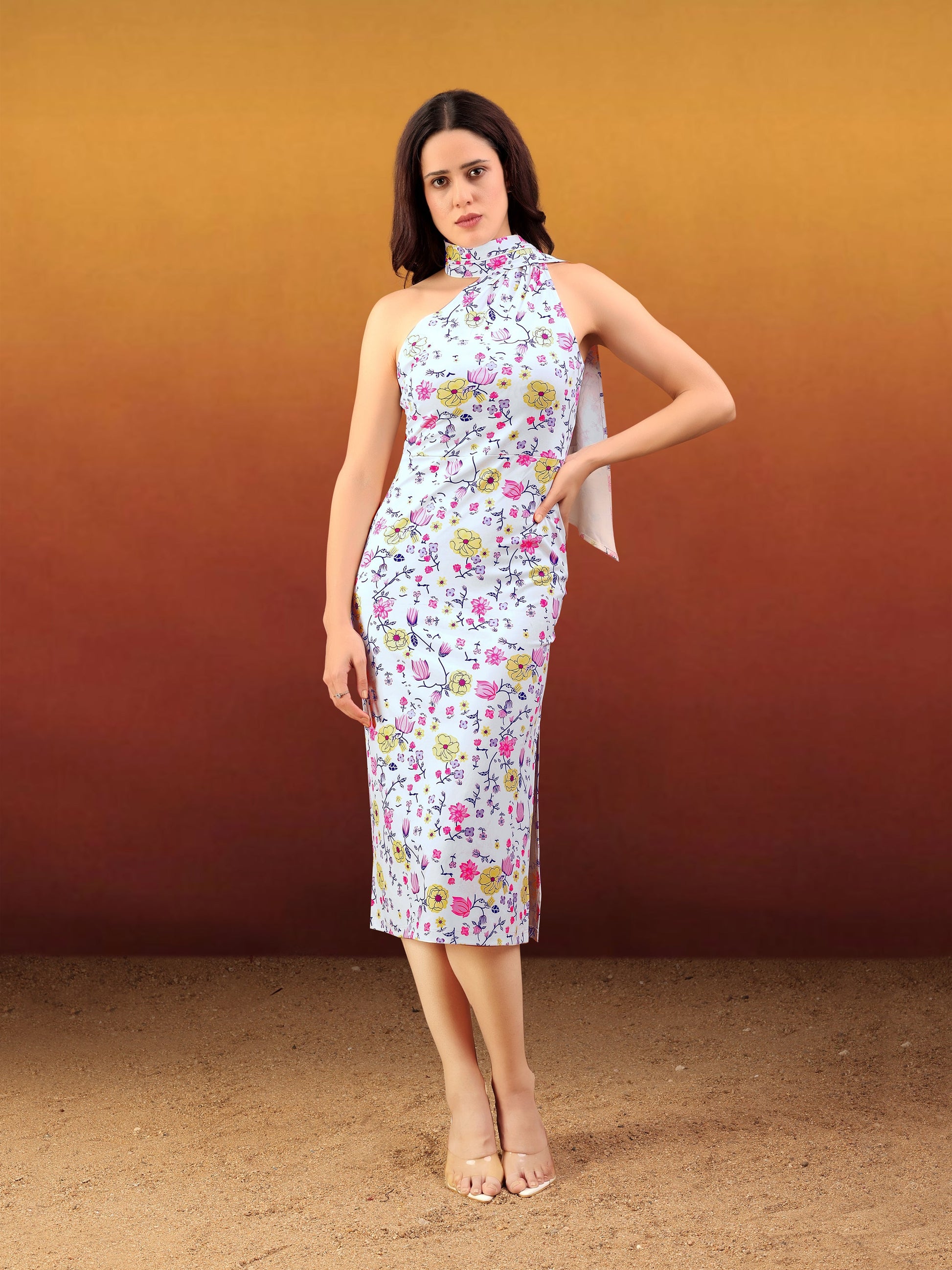 Women's White Printed Midi Sleeveless Dress