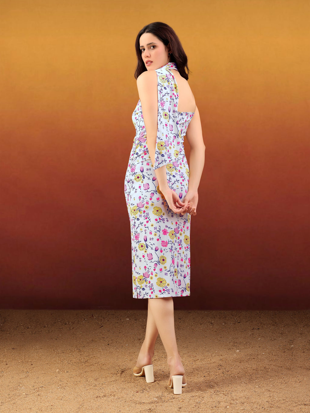 Women's White Printed Midi Sleeveless Dress