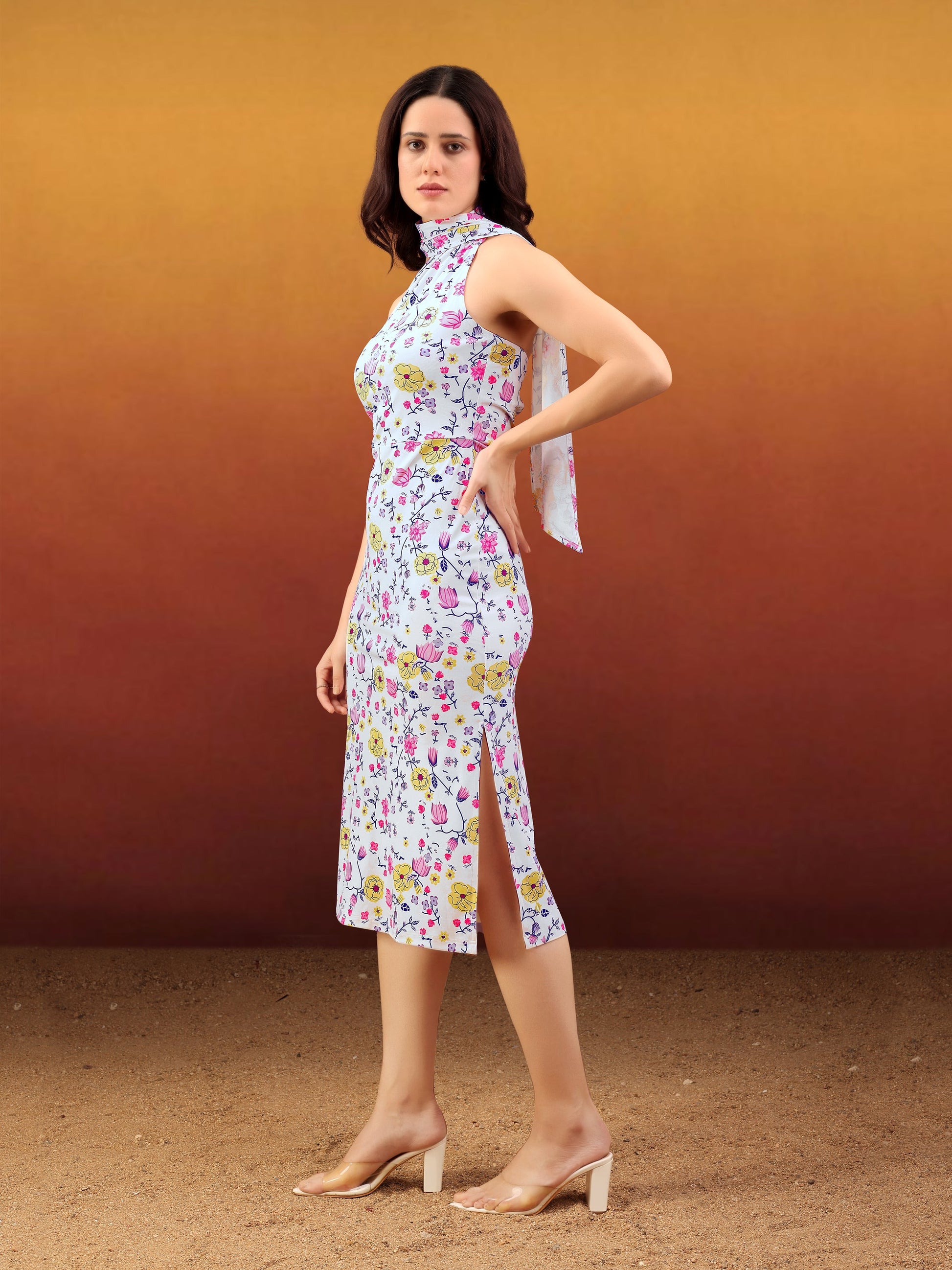 Women's White Printed Midi Sleeveless Dress