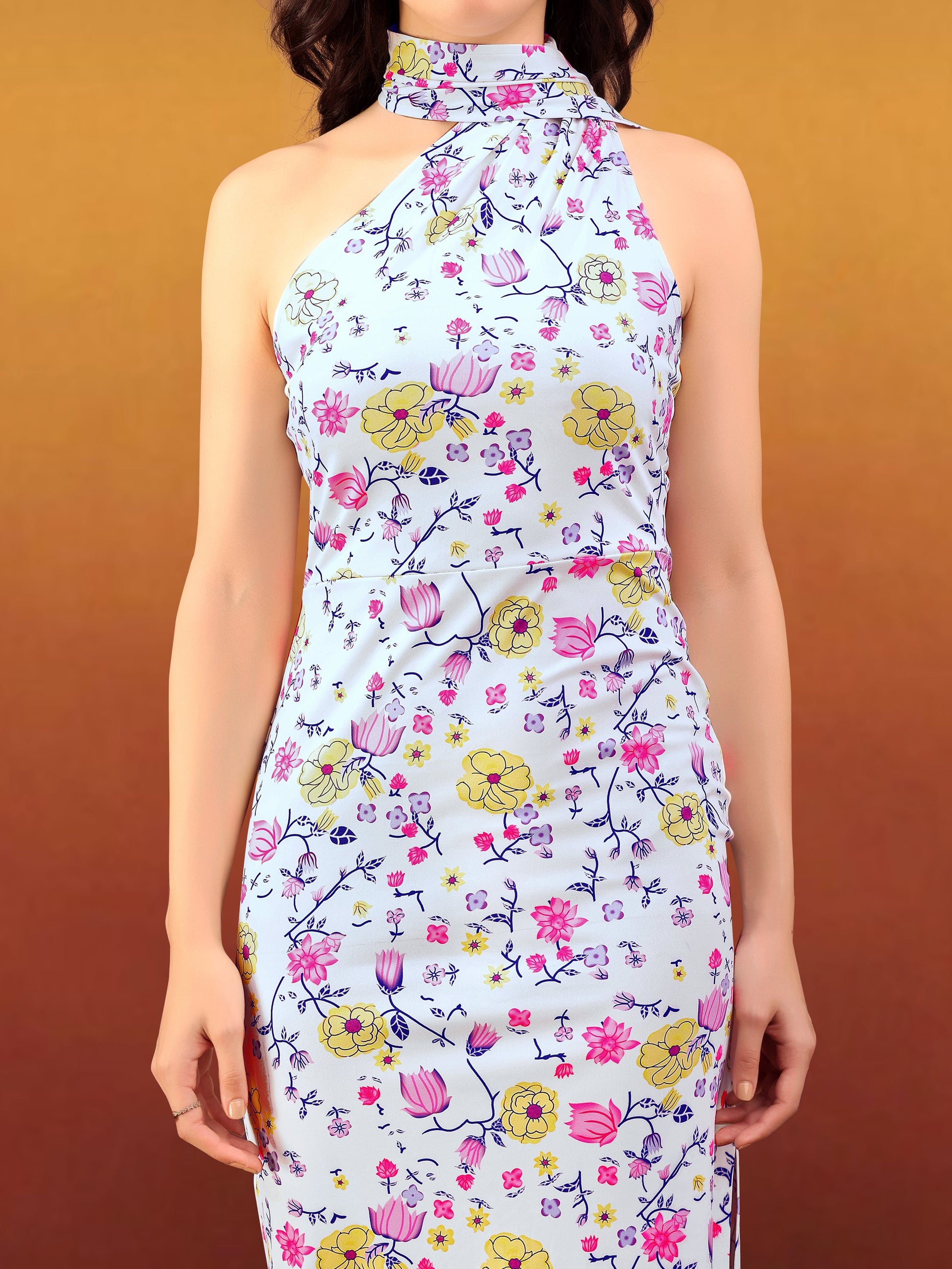 Women's White Printed Midi Sleeveless Dress