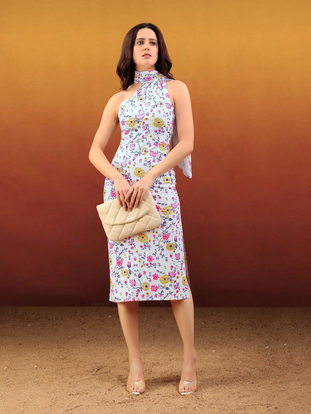 Women's White Printed Midi Sleeveless Dress