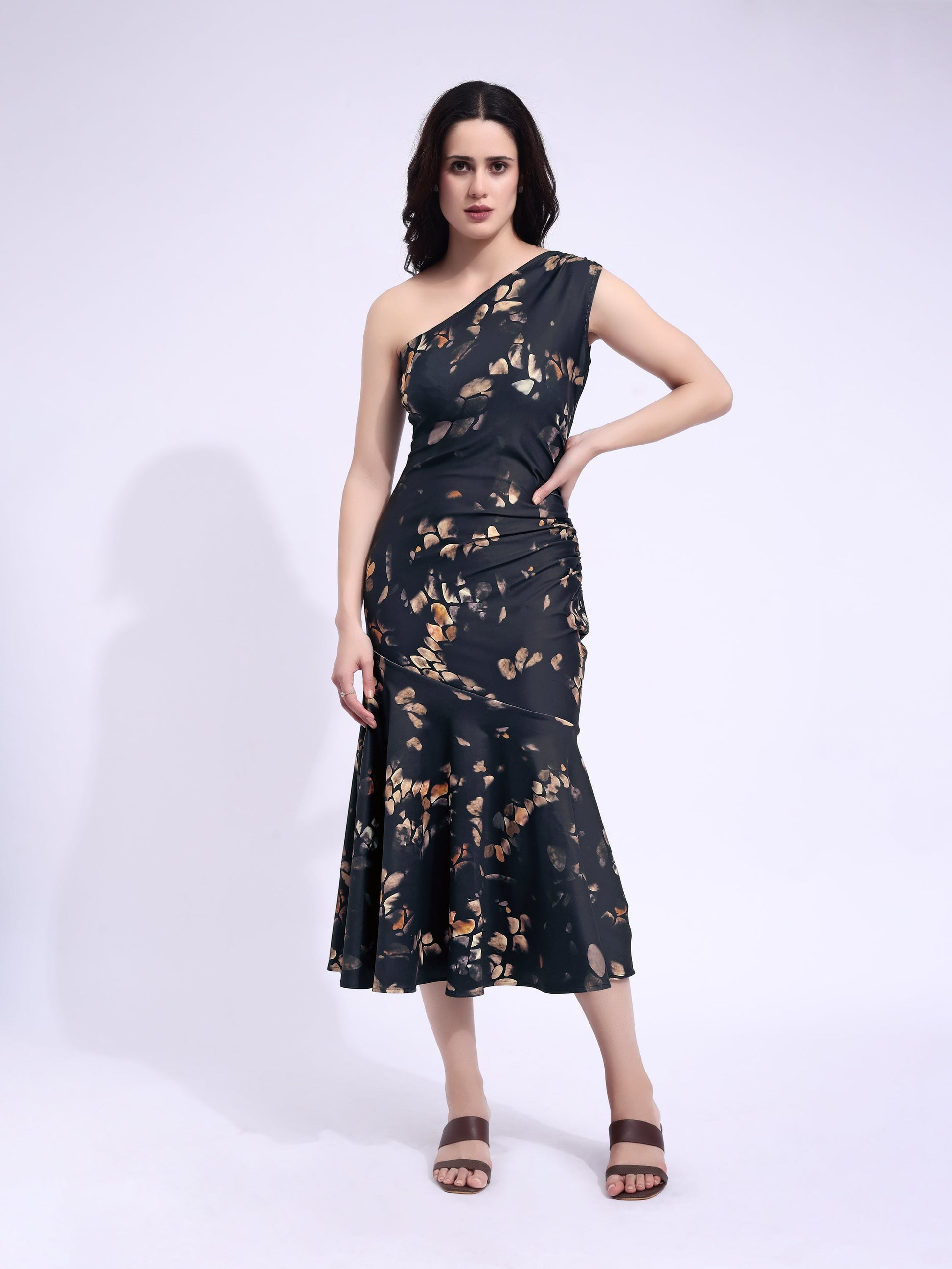 Women's Black Printed Midi Sleeveless Dress