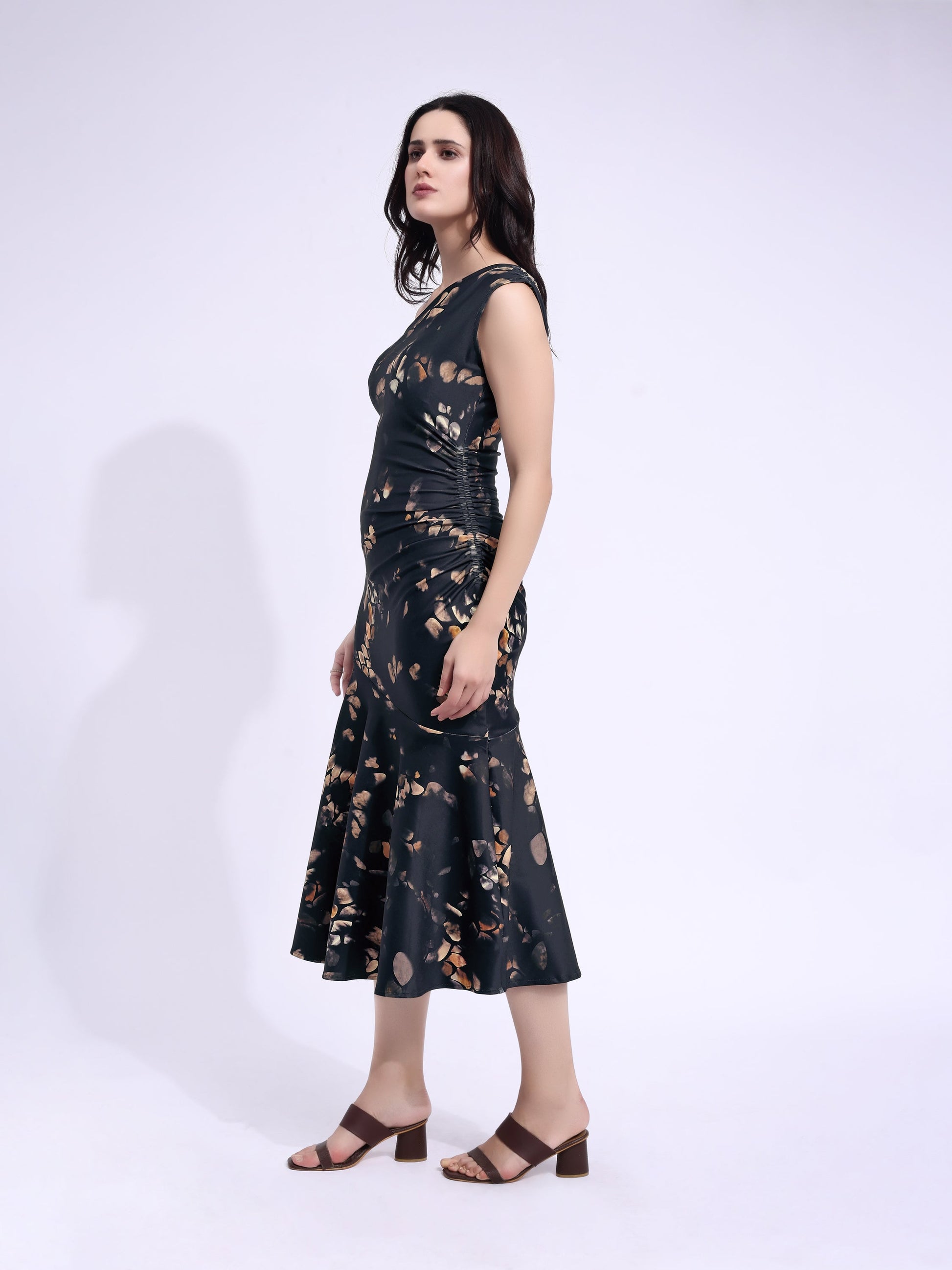Women's Black Printed Midi Sleeveless Dress