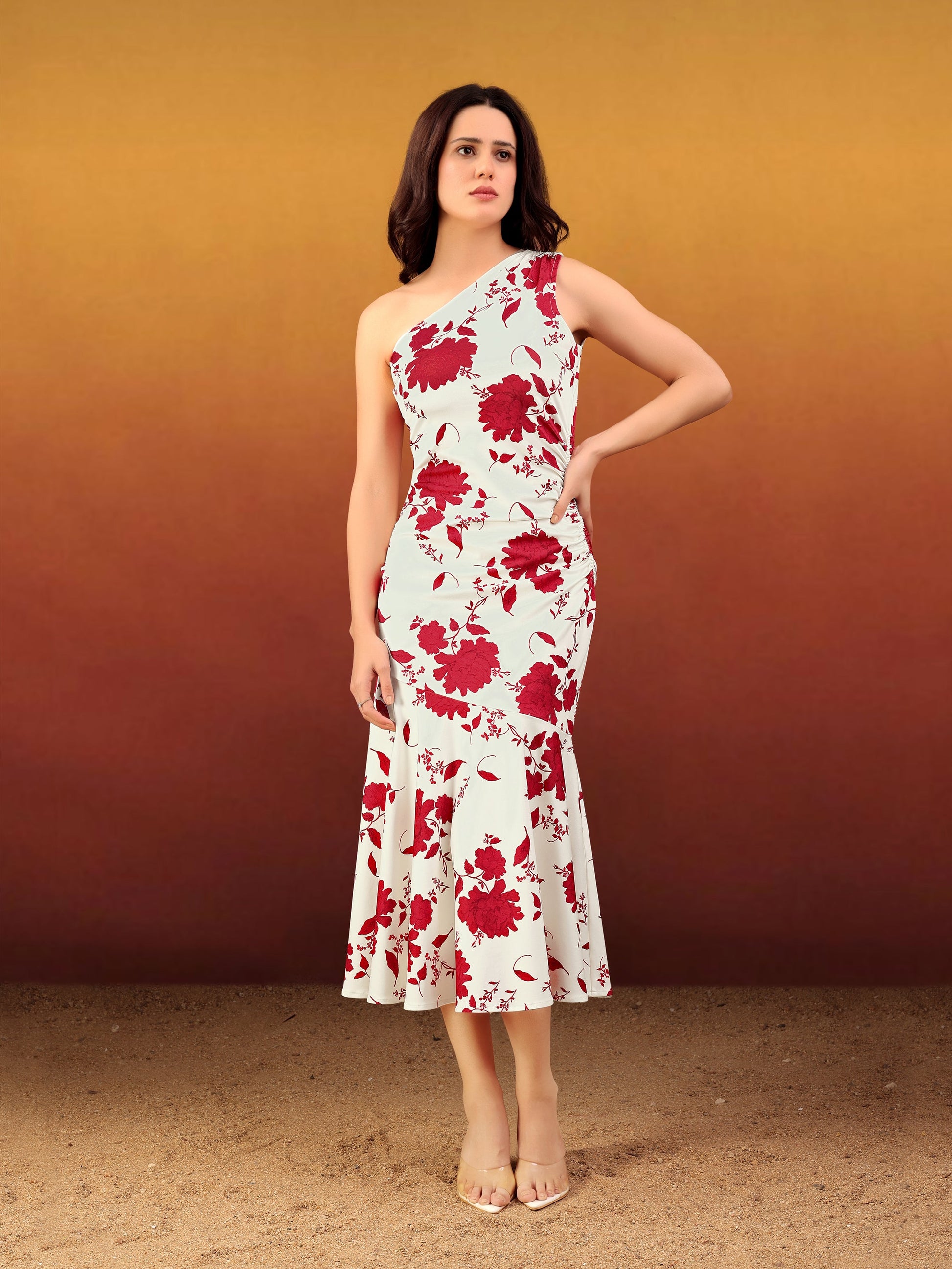 Women's Off White Printed Midi Sleeveless Dress