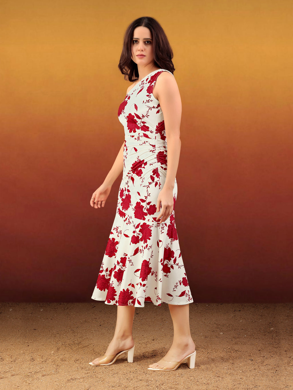 Women's Off White Printed Midi Sleeveless Dress