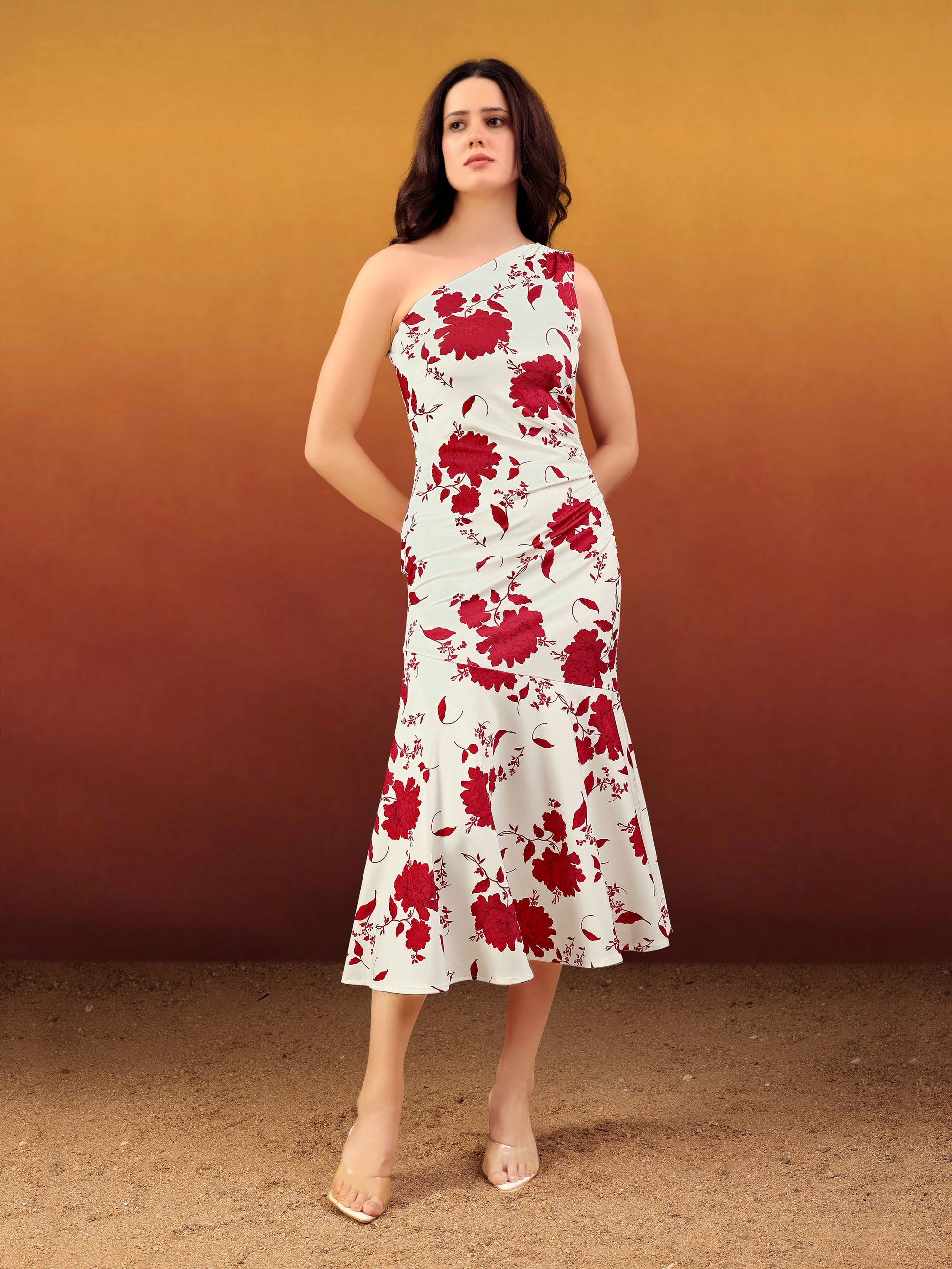 Women's Off White Printed Midi Sleeveless Dress