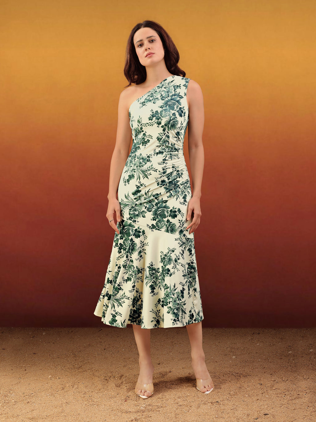 Women's Beige Printed Midi Sleeveless Dress