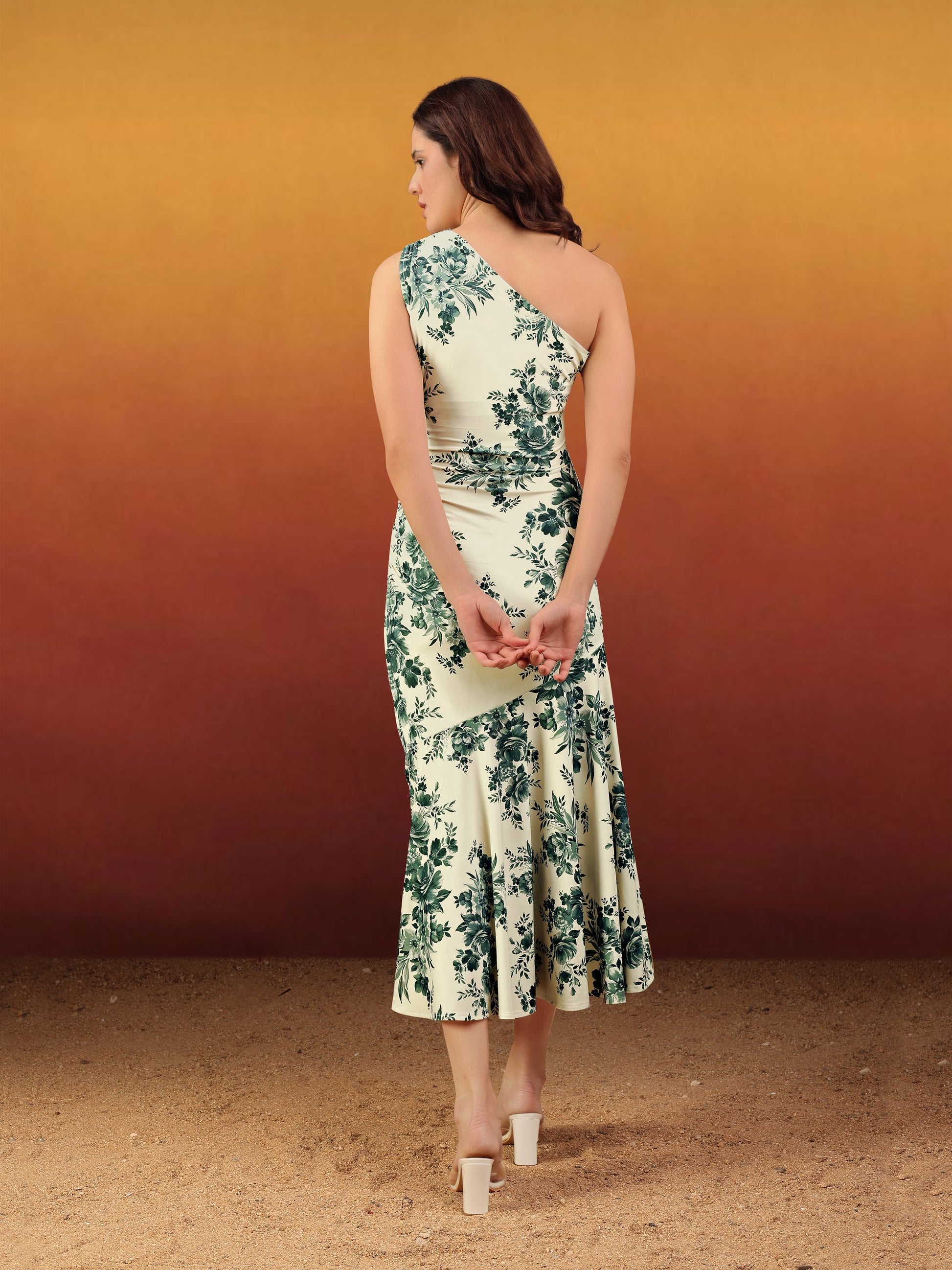 Women's Beige Printed Midi Sleeveless Dress