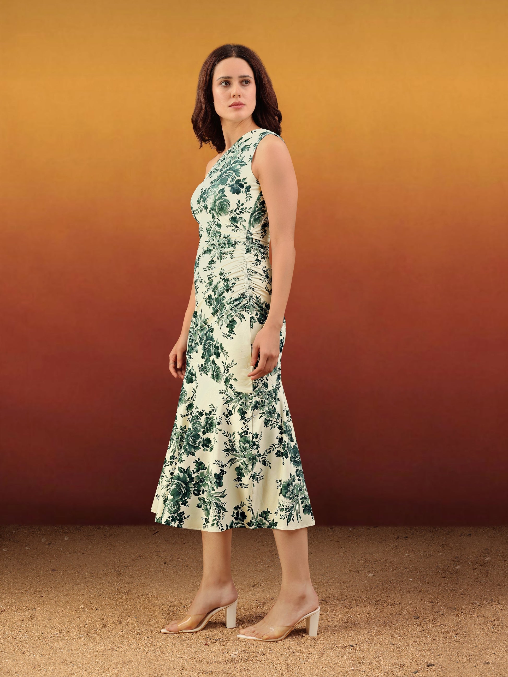 Women's Beige Printed Midi Sleeveless Dress