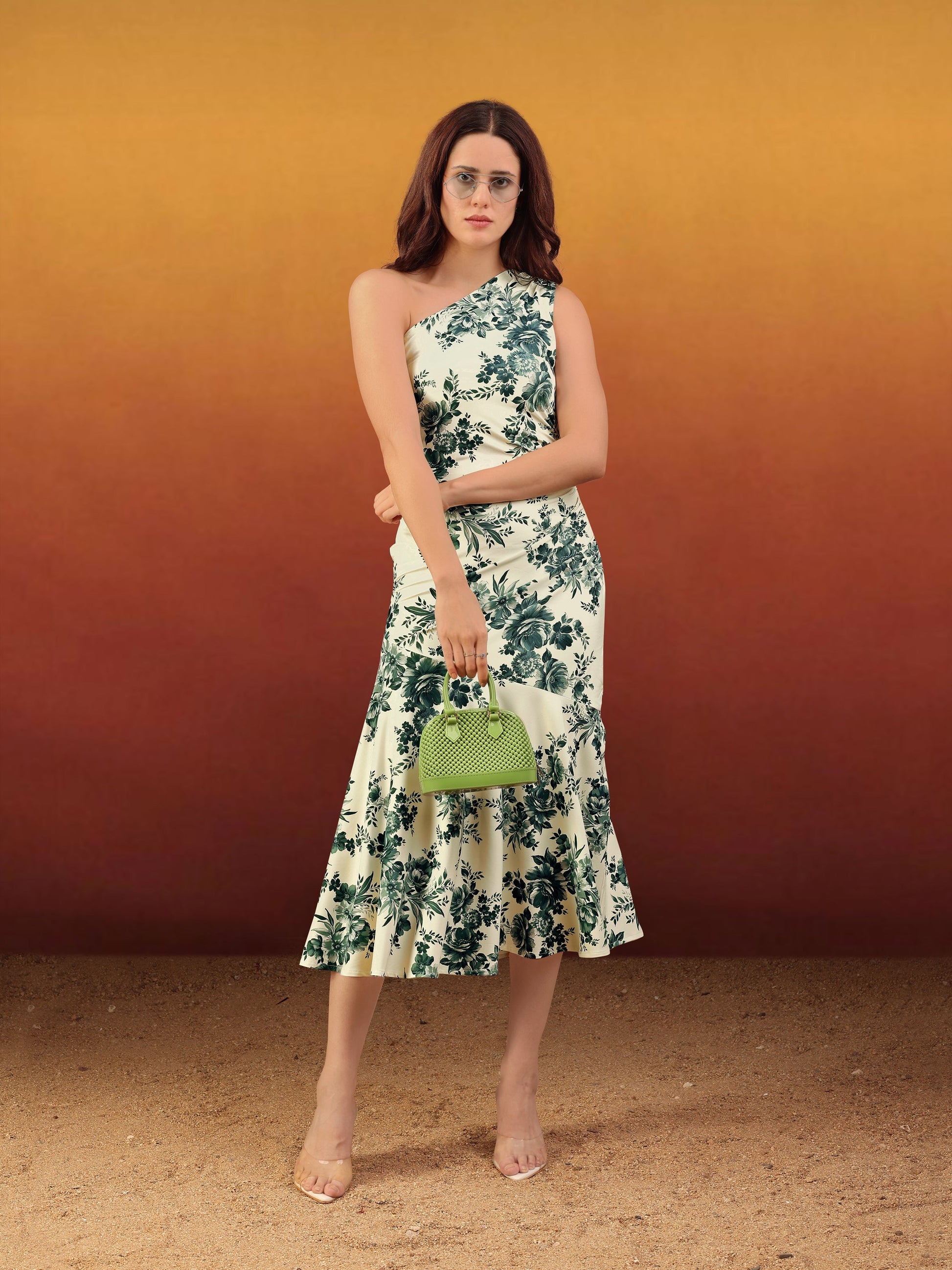 Women's Beige Printed Midi Sleeveless Dress