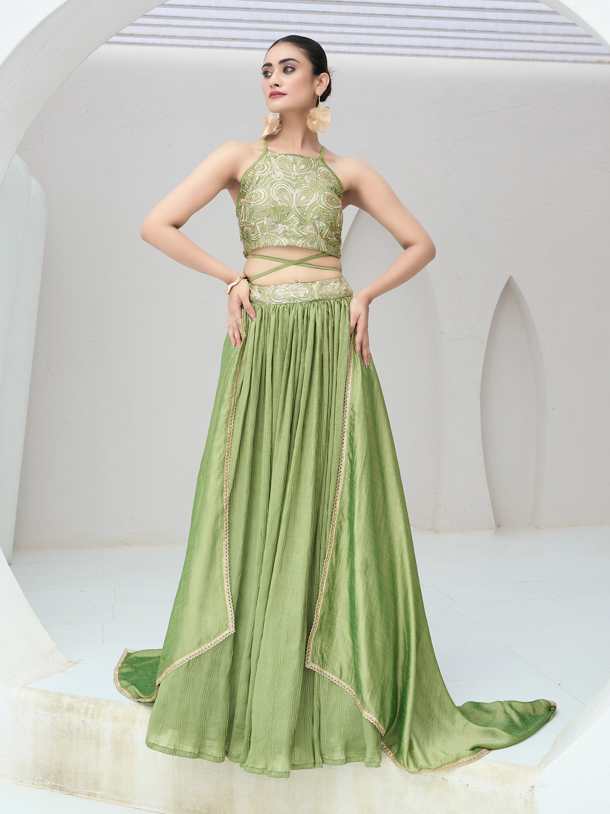 Women's Lime Silk Crape Lehengas