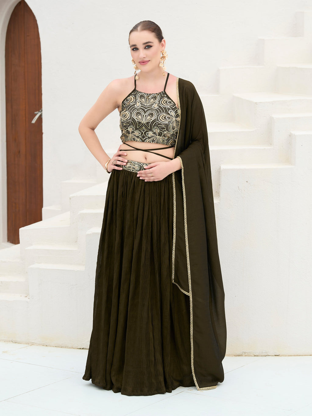 Women's Olive Silk Crape Lehengas