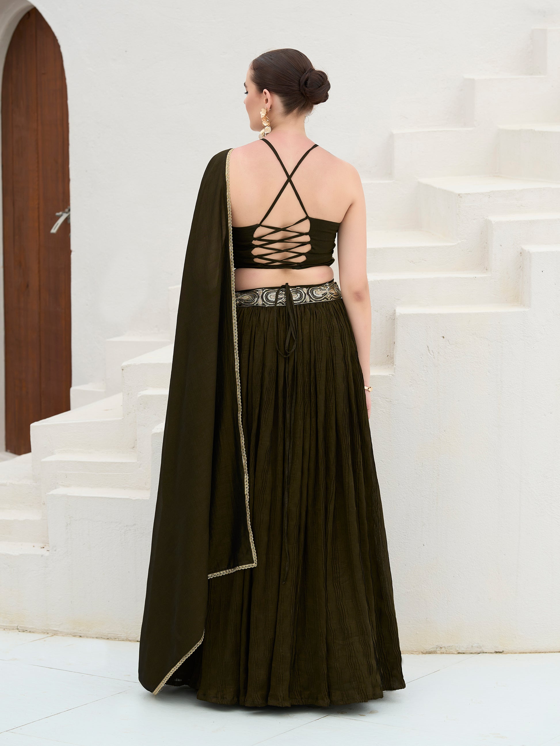 Women's Olive Silk Crape Lehengas