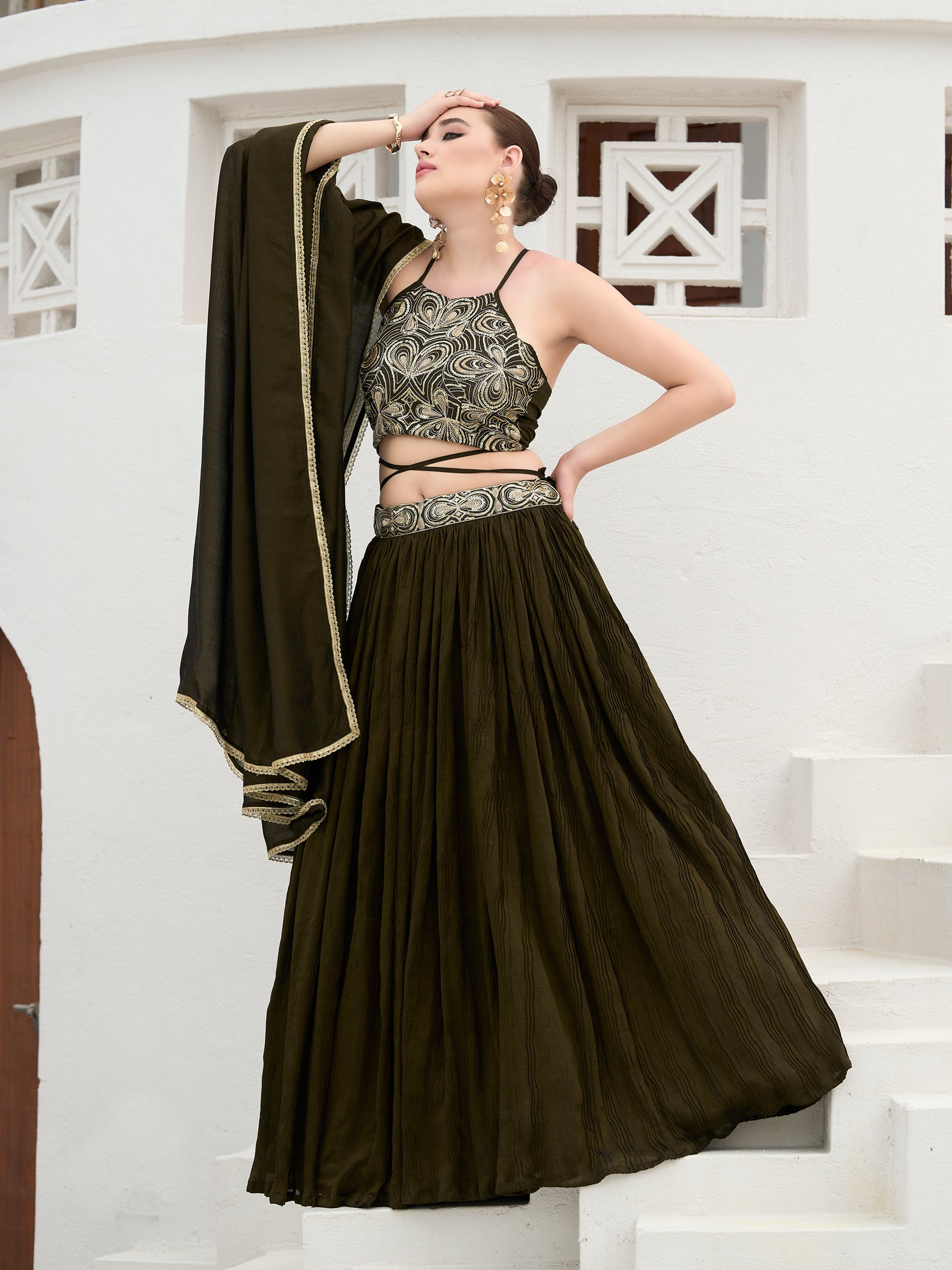 Women's Olive Silk Crape Lehengas