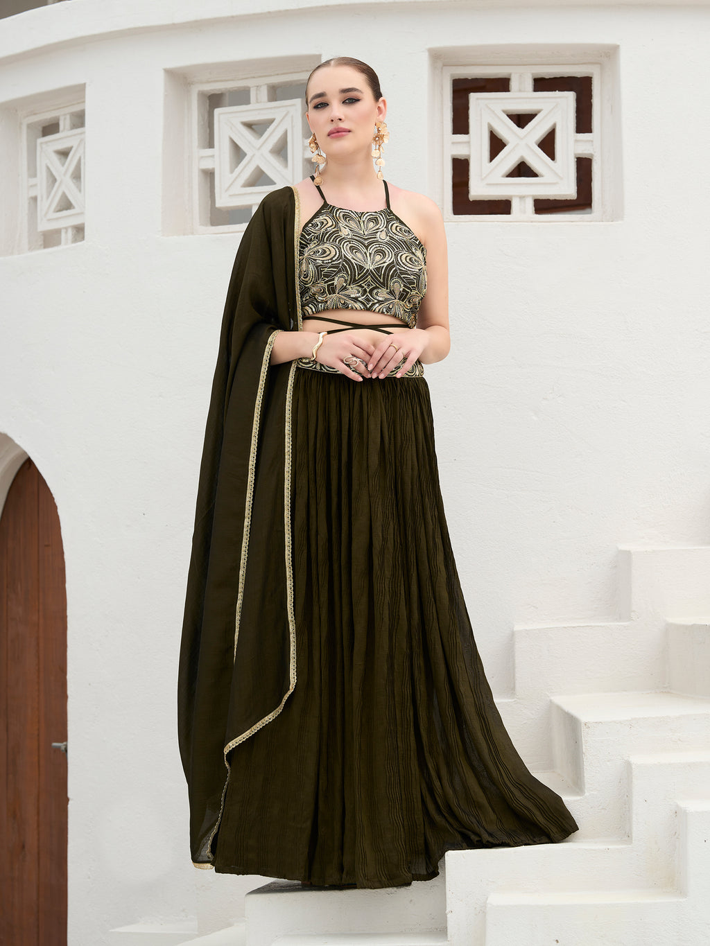 Women's Olive Silk Crape Lehengas