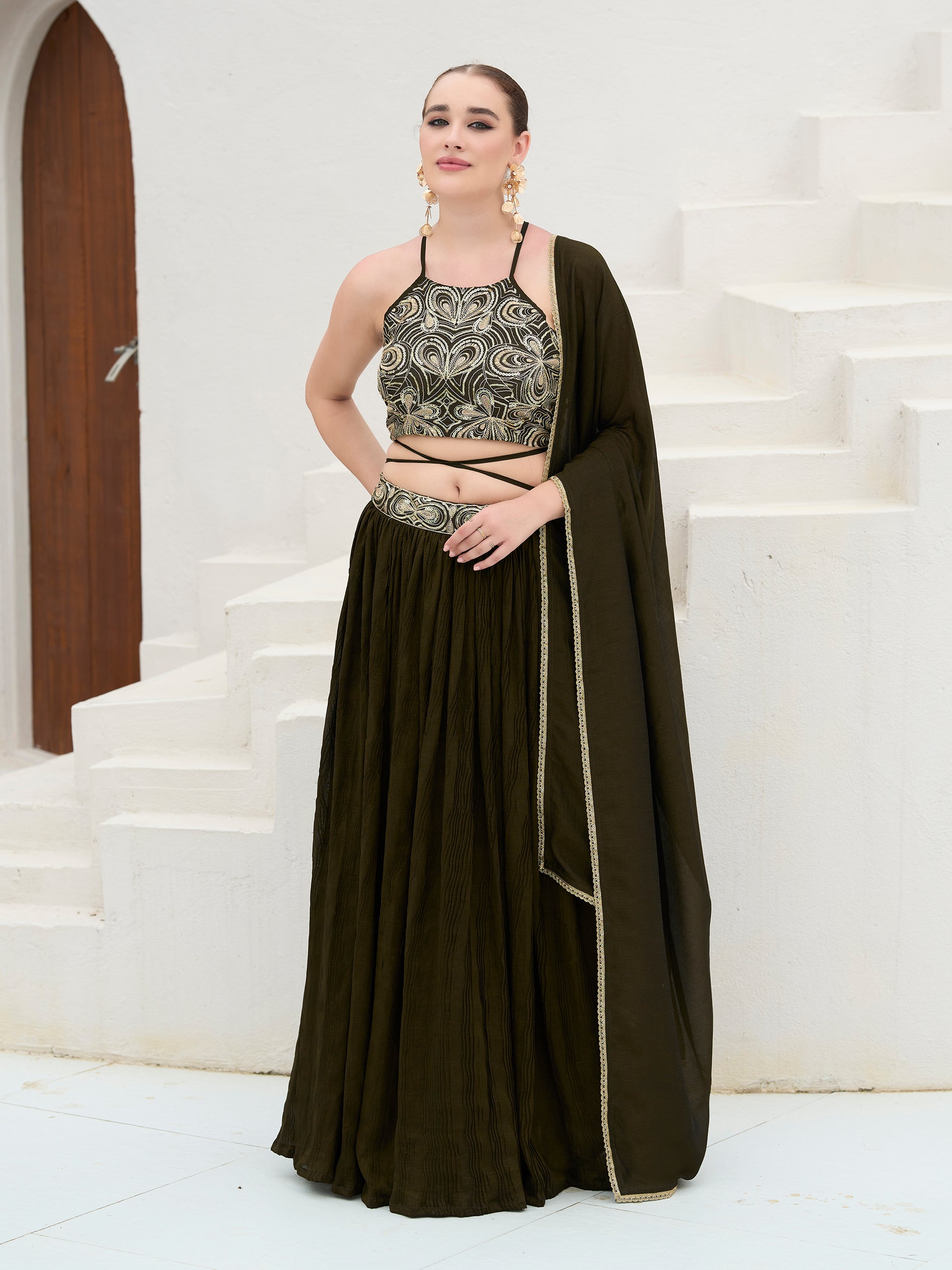 Women's Olive Silk Crape Lehengas