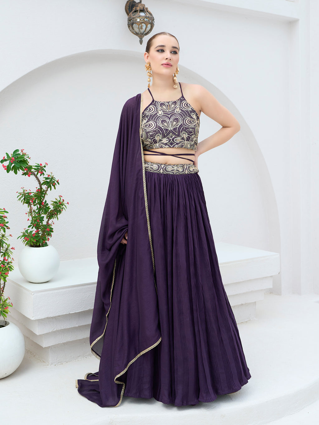 Women's Wine Silk Crape Lehengas
