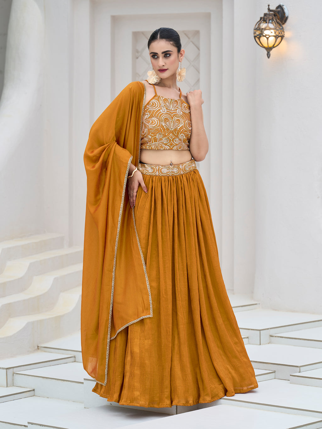 Women's Yellow Silk Crape Lehengas