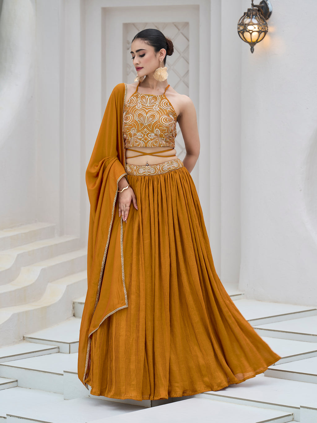 Women's Yellow Silk Crape Lehengas