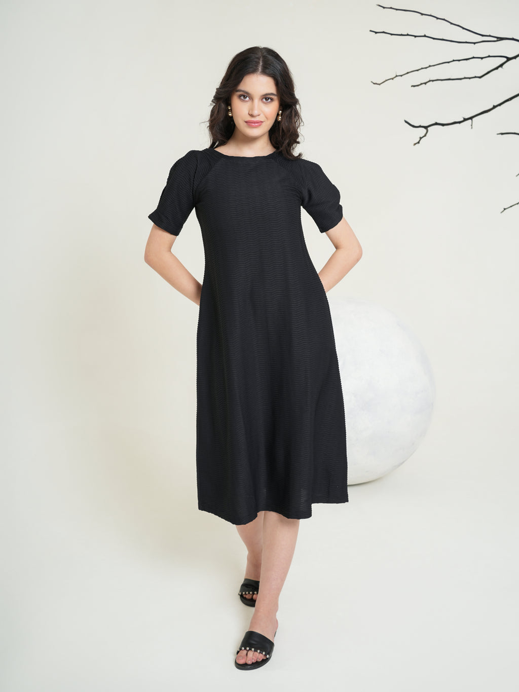 Round Neck A-Line Midi Dress