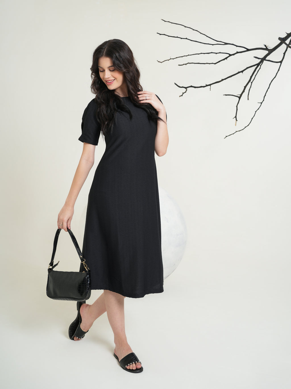 Round Neck A-Line Midi Dress