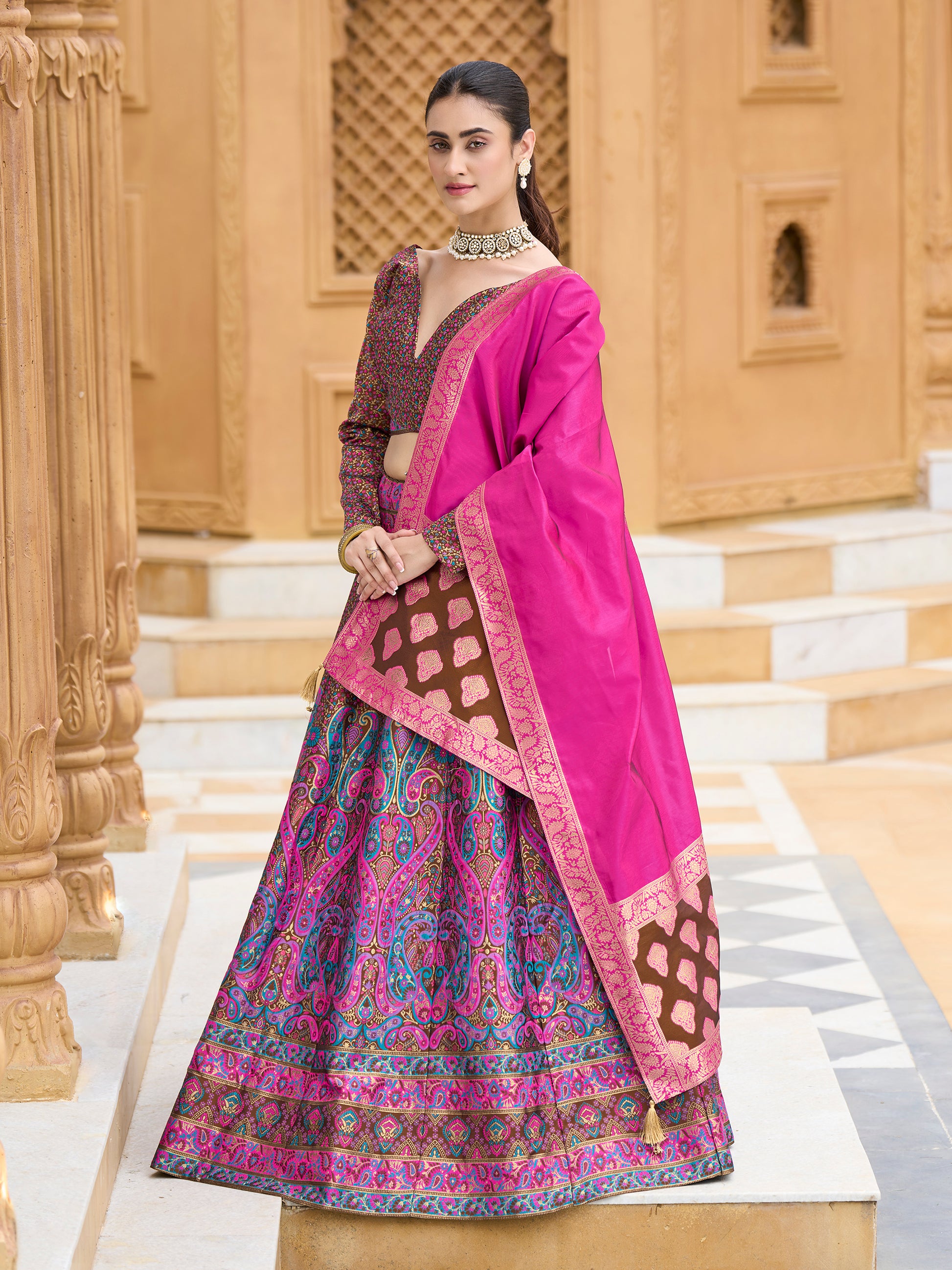 Women's Brown Kanjiwaram Lehengas