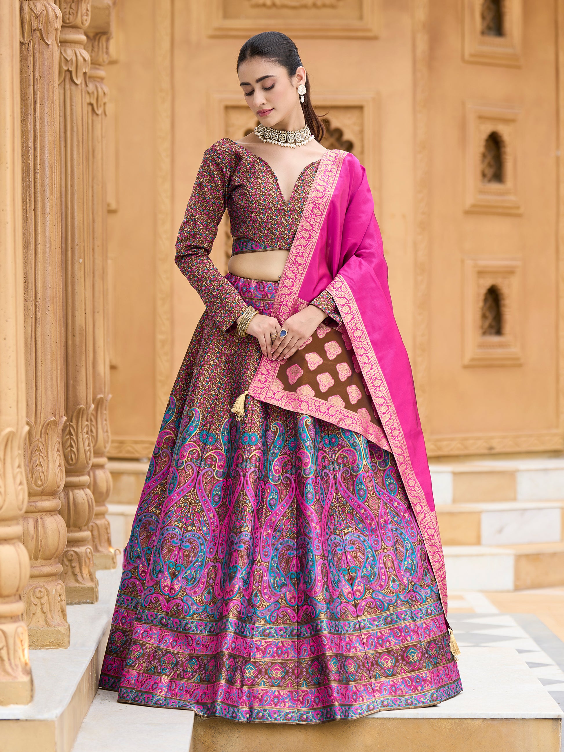 Women's Brown Kanjiwaram Lehengas