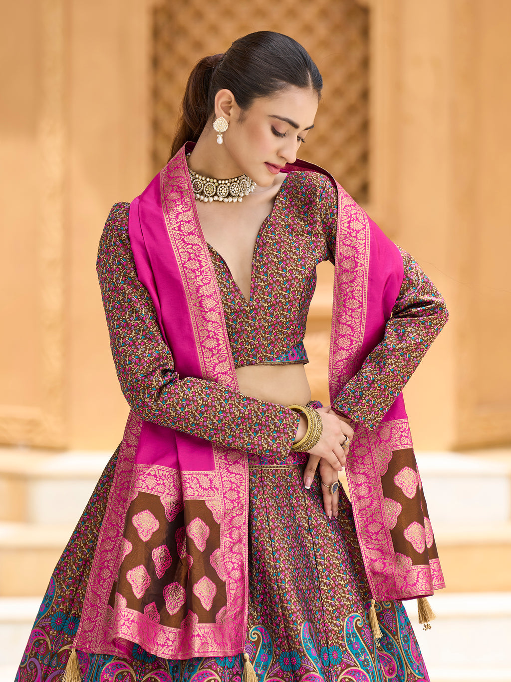 Women's Brown Kanjiwaram Lehengas