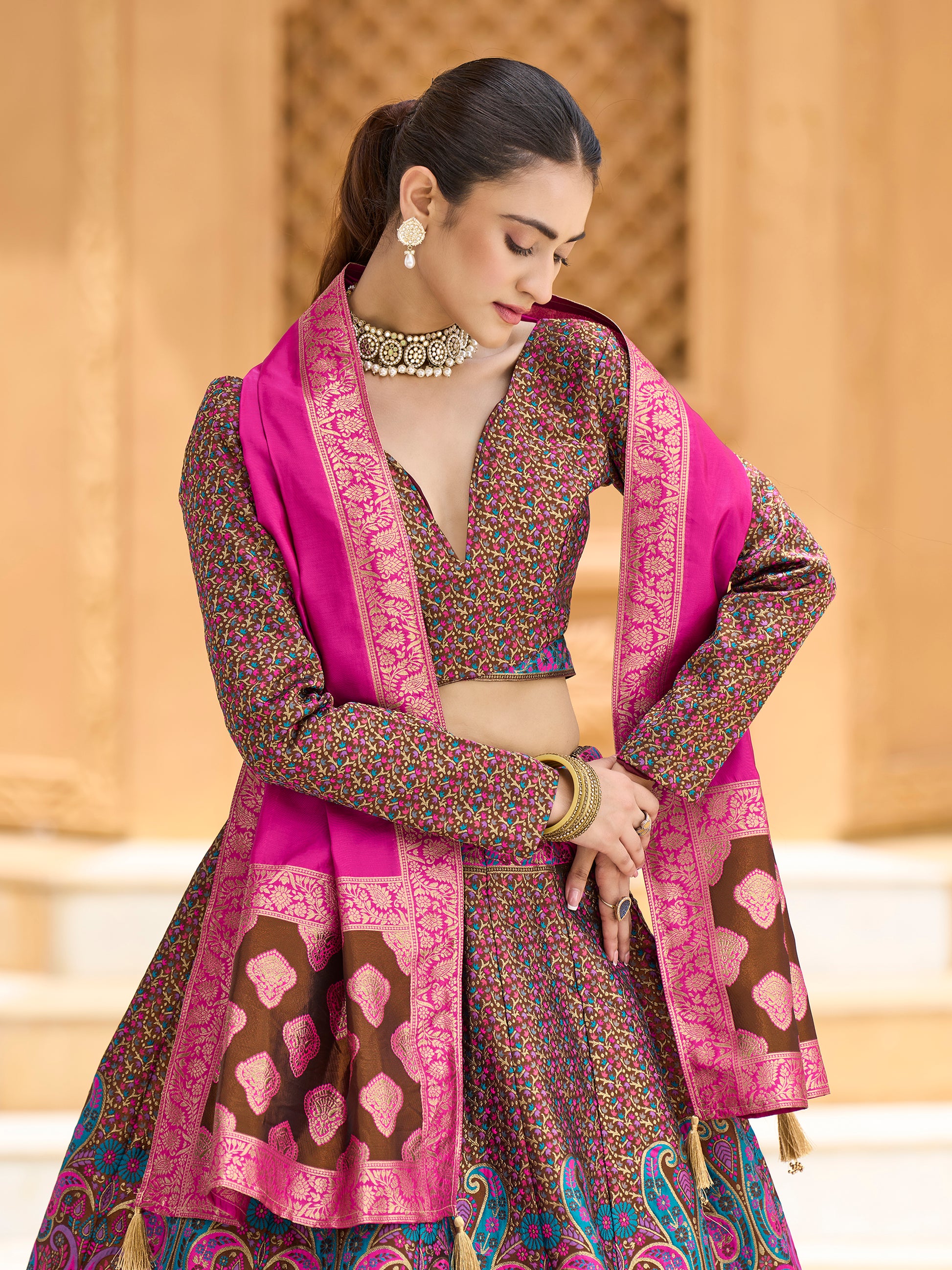 Women's Brown Kanjiwaram Lehengas