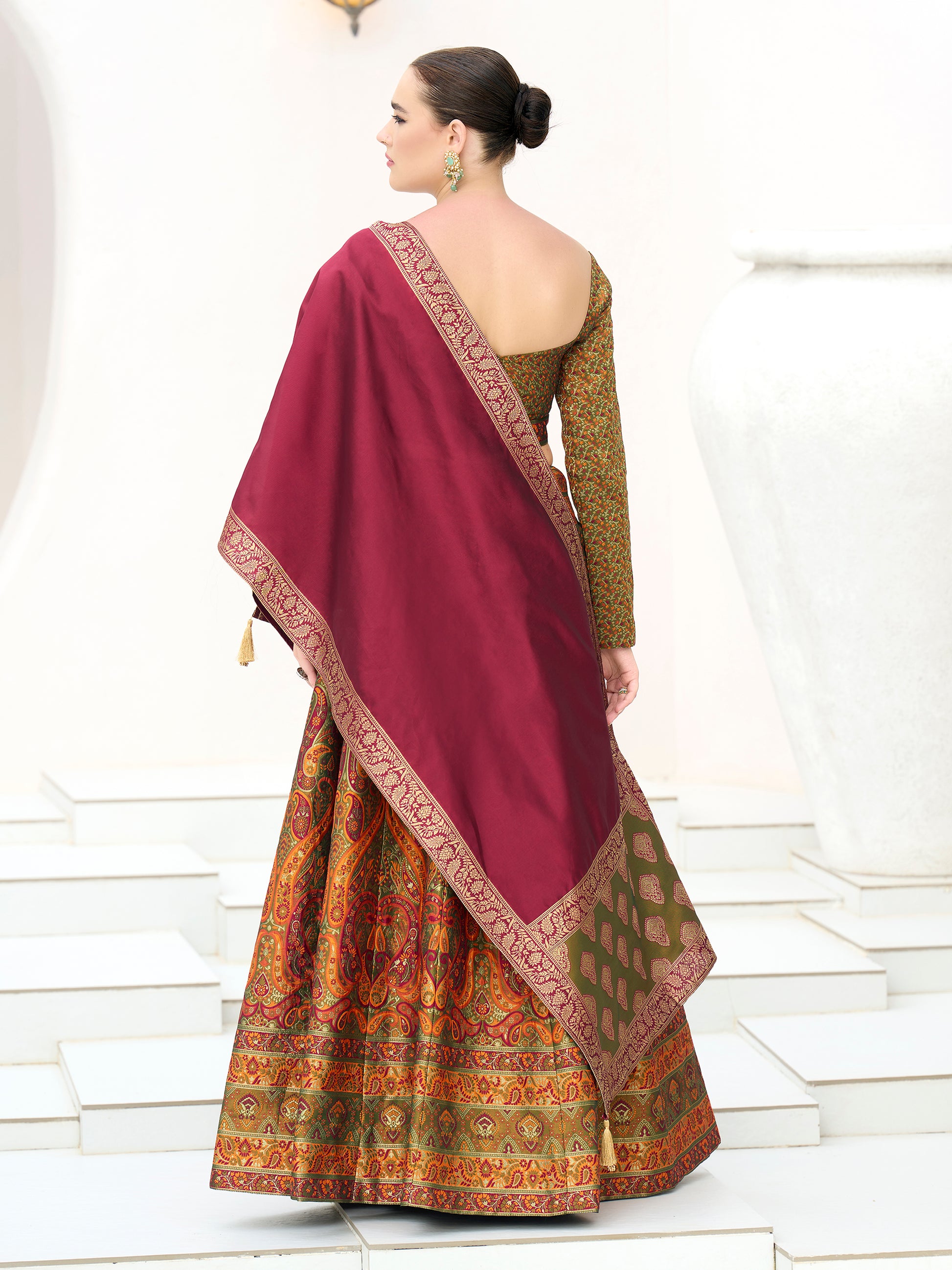 Women's Olive Kanjiwaram Lehengas