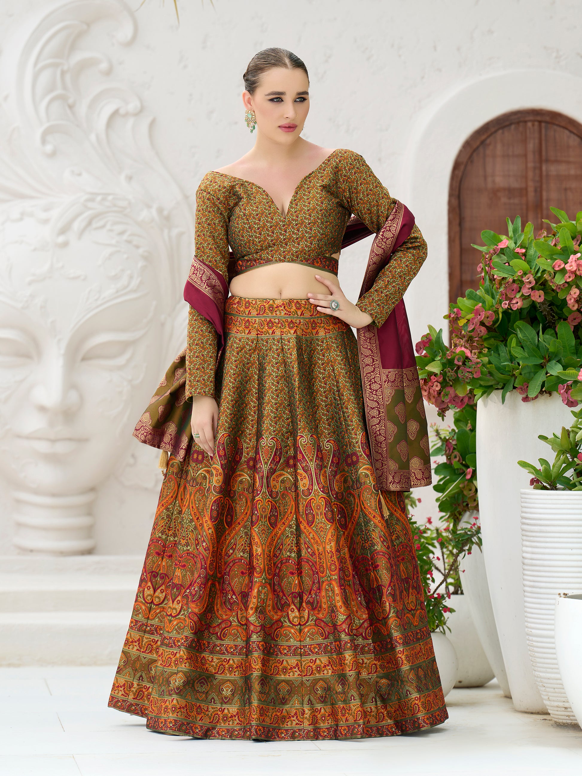 Women's Olive Kanjiwaram Lehengas