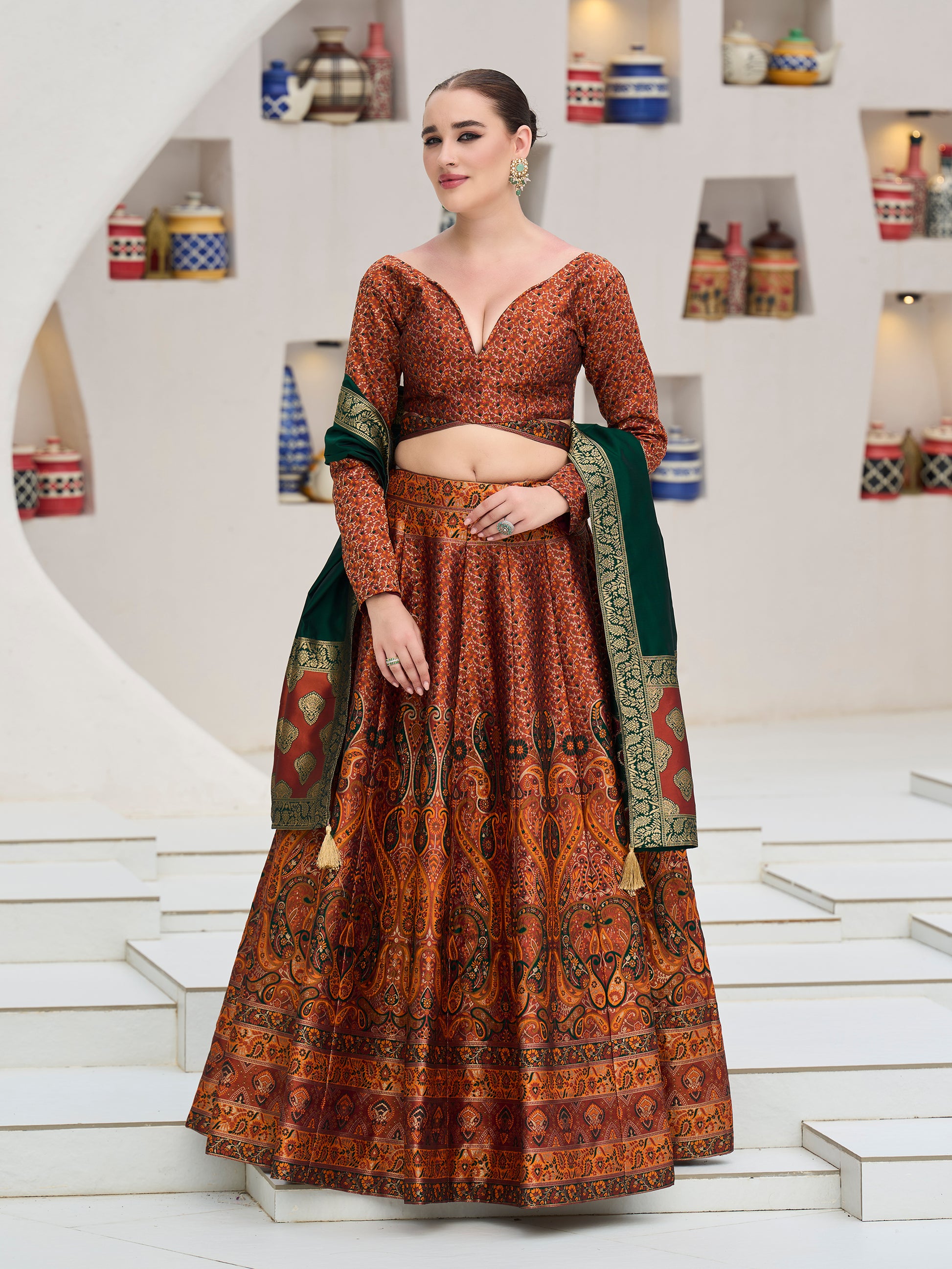 Women's Rust Kanjiwaram Lehengas