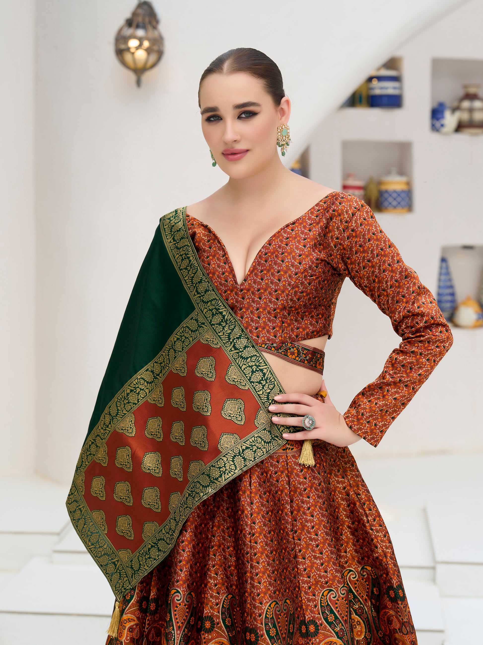 Women's Rust Kanjiwaram Lehengas